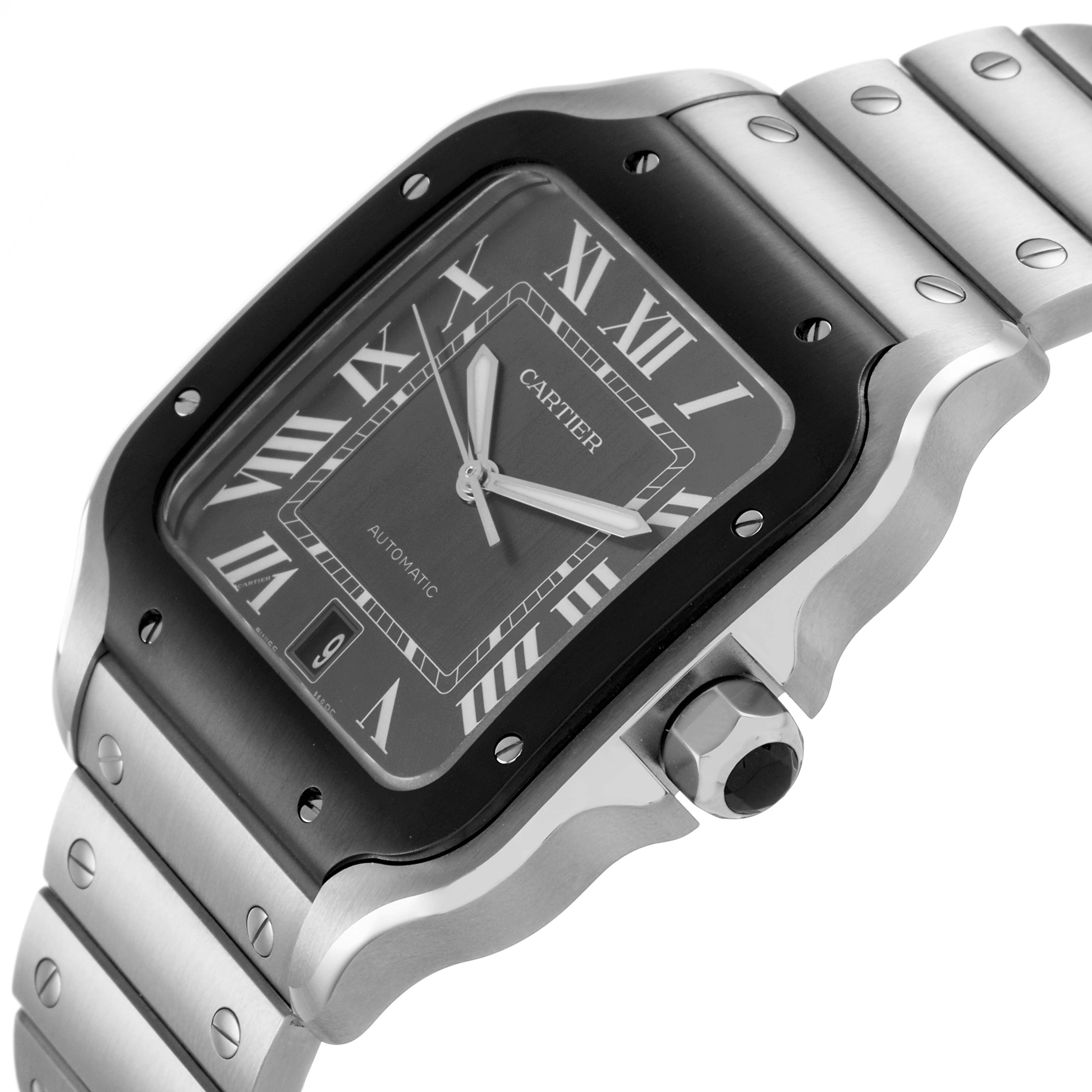 The image shows a close-up angled view of the Santos model by Cartier, highlighting the face, bezel, and part of the bracelet.