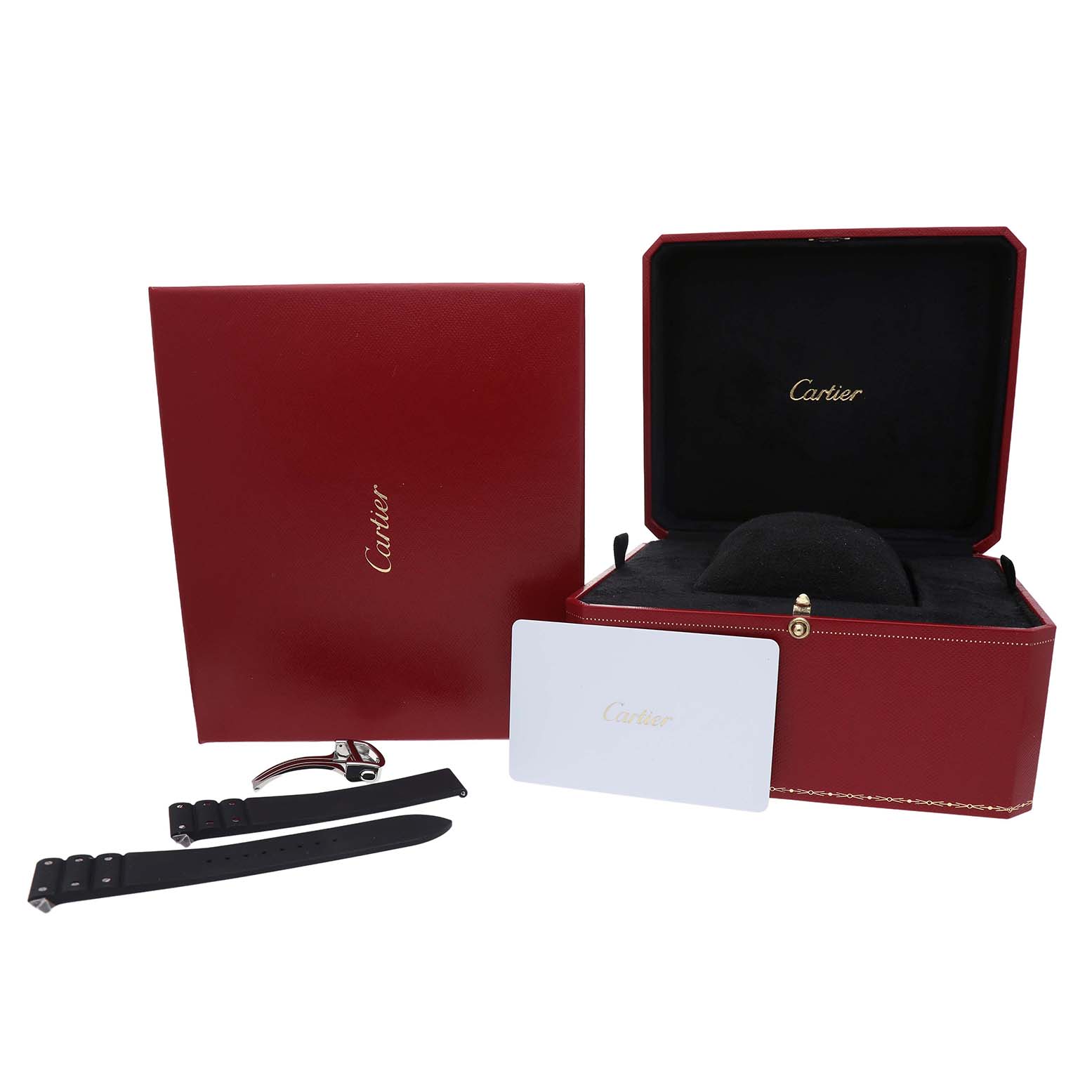 The Cartier Santos WSSA0037 Men's Stainless Steel Grey Dial watch accessories shown include a red box, straps, and documentation.