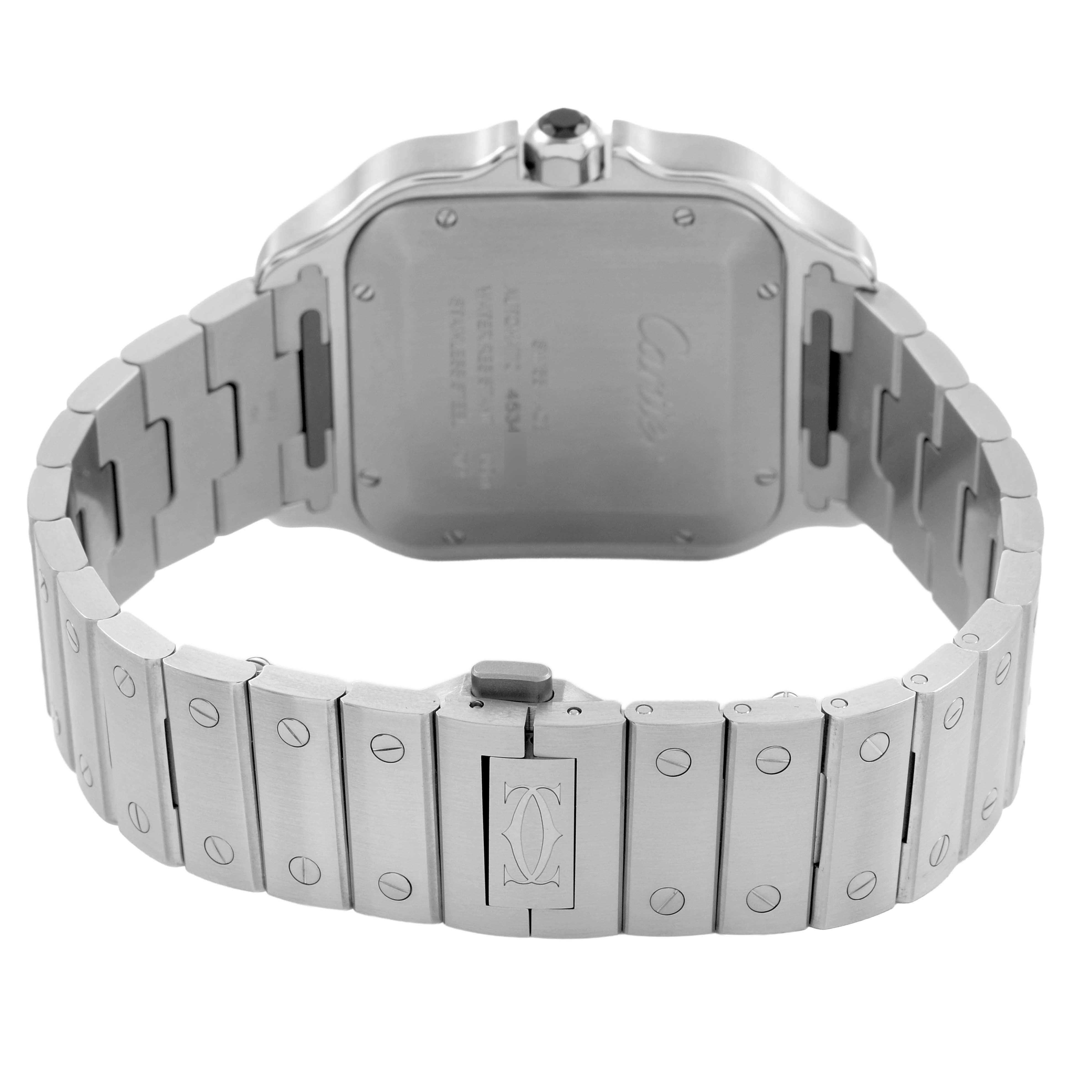 The image shows the back of the Cartier Santos WSSA0037 Men's Stainless Steel Grey Dial watch, highlighting the metal bracelet and case back.