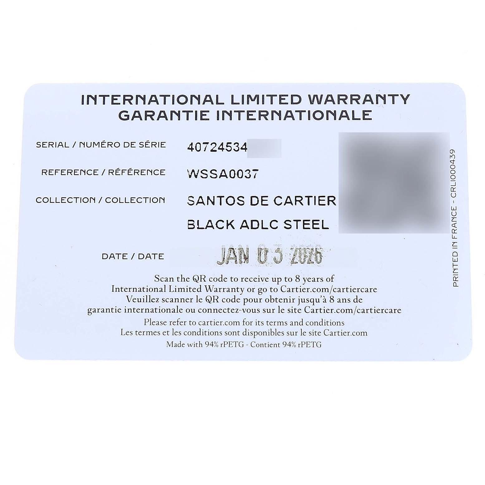 The image shows an international limited warranty card for the Santos de Cartier, with serial and reference numbers.