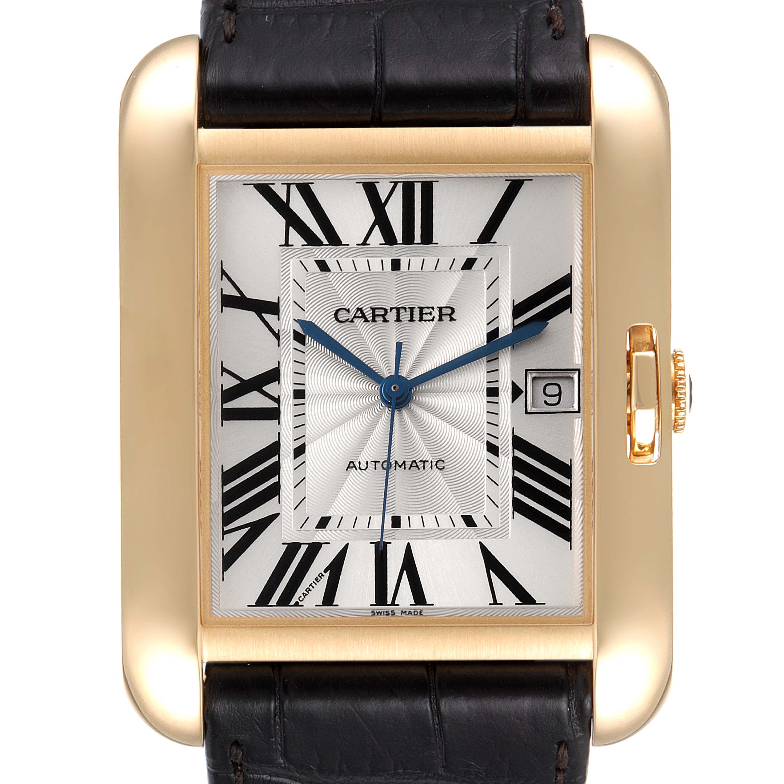 This image shows a frontal view of the Cartier Tank Anglaise W5310032 Men's Yellow Gold Silver Dial W5310032 Men's Yellow Gold Silver Dial watch, highlighting its rectangular face, Roman numerals, and leather strap.