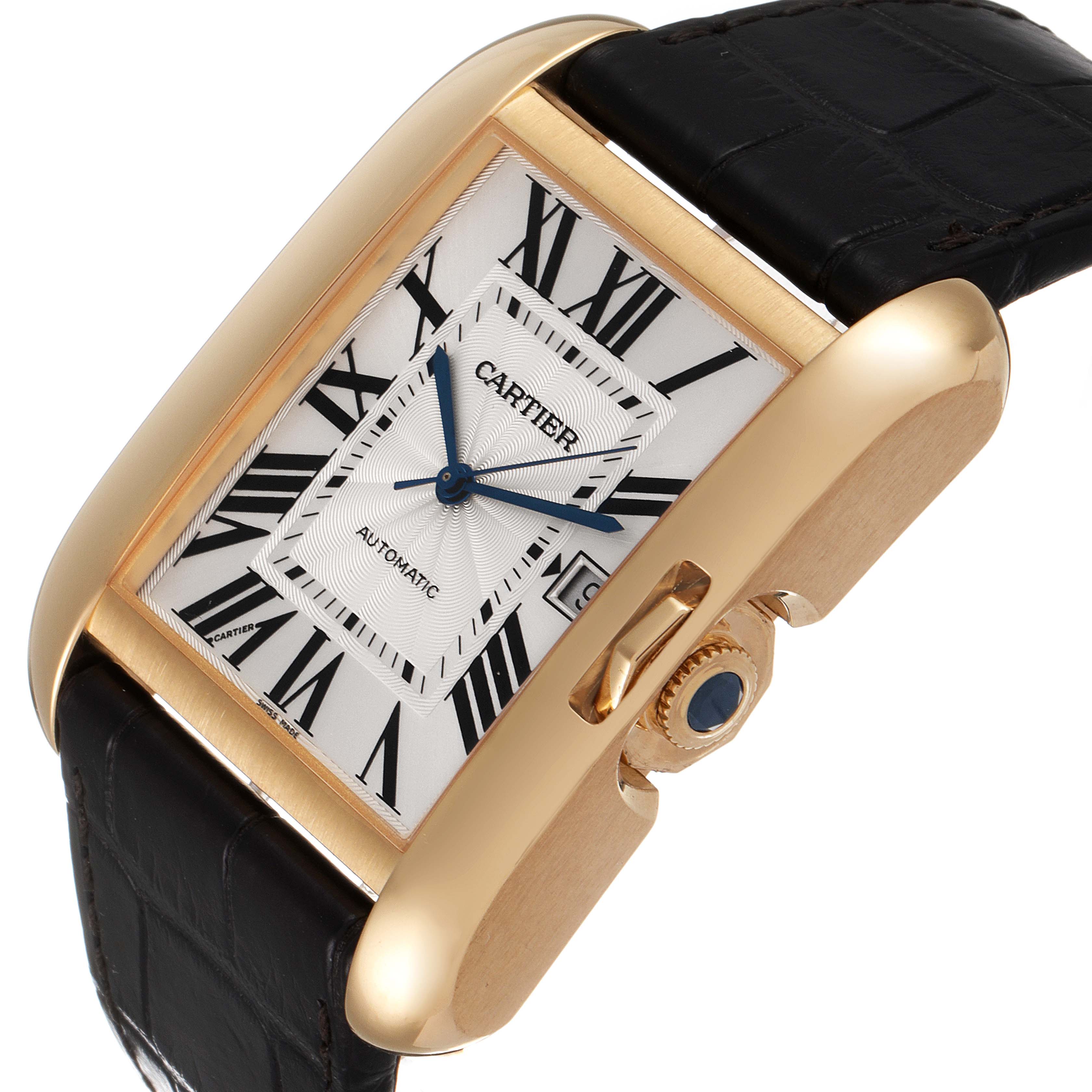 This image shows a Cartier Tank Anglaise W5310032 Men's Yellow Gold Silver Dial W5310032 Men's Yellow Gold Silver Dial watch at an angled view highlighting the face, crown, and part of the black leather strap.