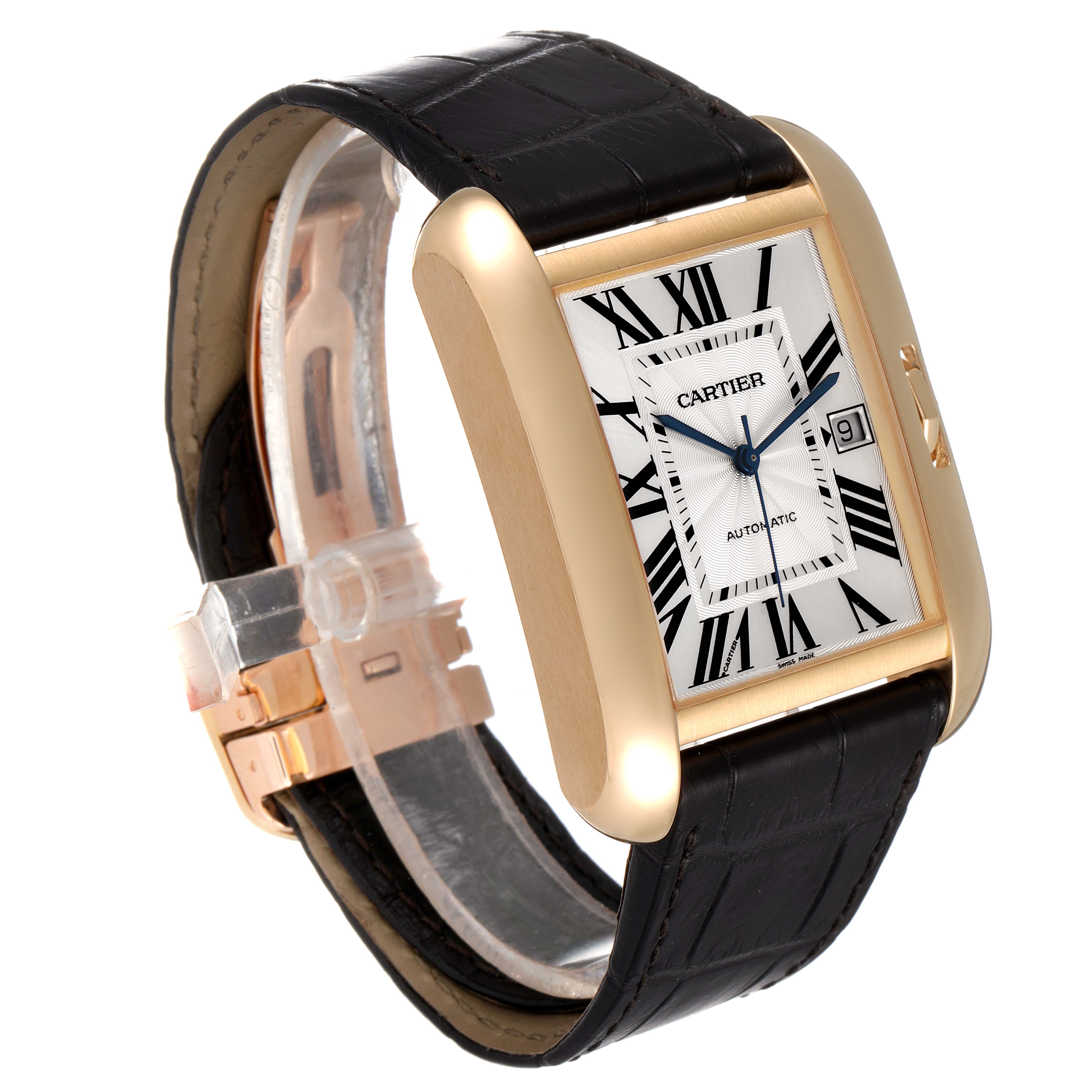 The image shows a side angle of a Cartier Tank Anglaise W5310032 Men's Yellow Gold Silver Dial W5310032 Men's Yellow Gold Silver Dial watch, highlighting the rectangular face, Roman numerals, and black leather strap.