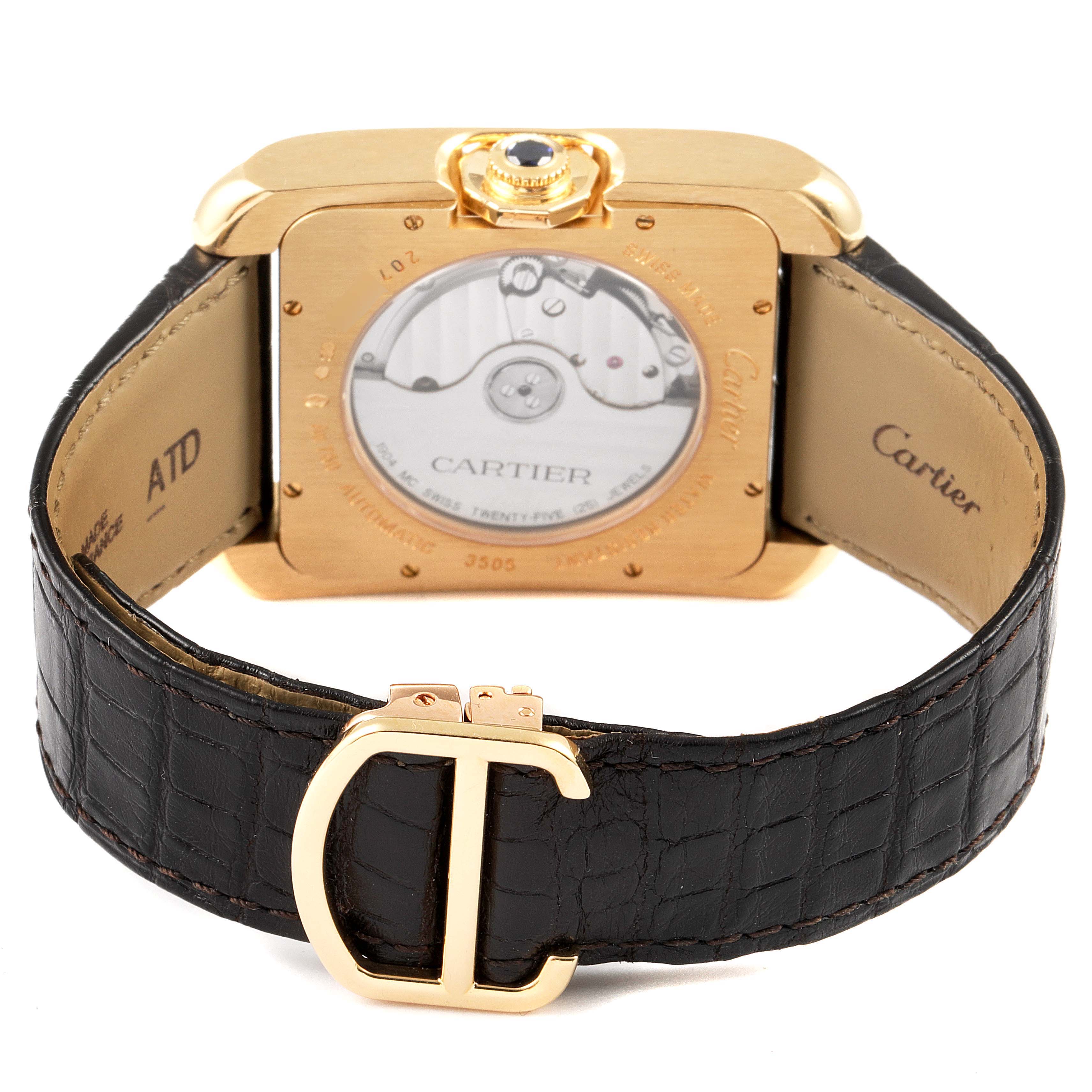 The image shows the back angle of the Cartier Tank Anglaise W5310032 Men's Yellow Gold Silver Dial W5310032 Men's Yellow Gold Silver Dial watch, focusing on the case back, movement, and leather strap with the Cartier logo.