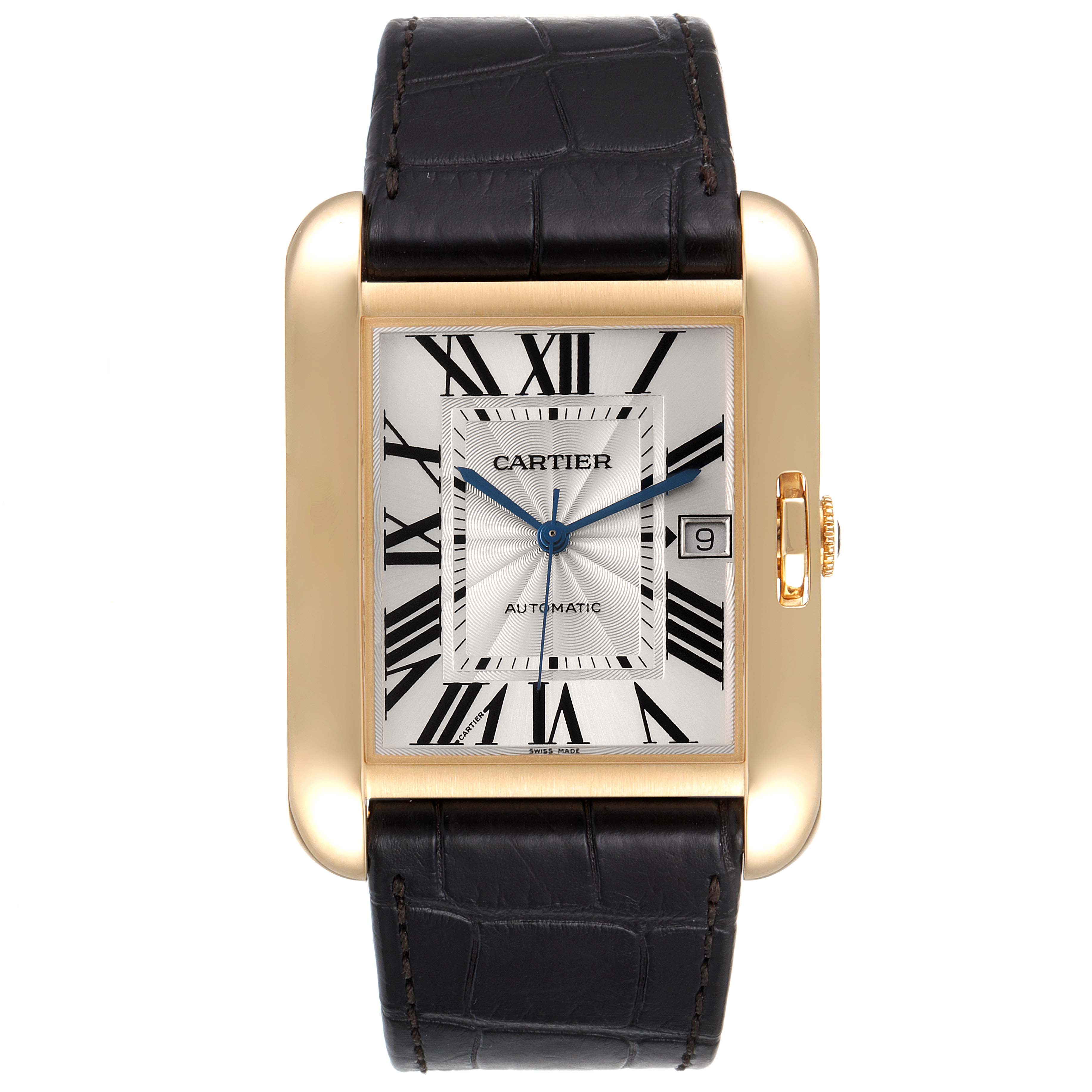 The image shows a front view of the Cartier Tank Anglaise W5310032 Men's Yellow Gold Silver Dial W5310032 Men's Yellow Gold Silver Dial watch, highlighting its face, bezel, crown, and strap.