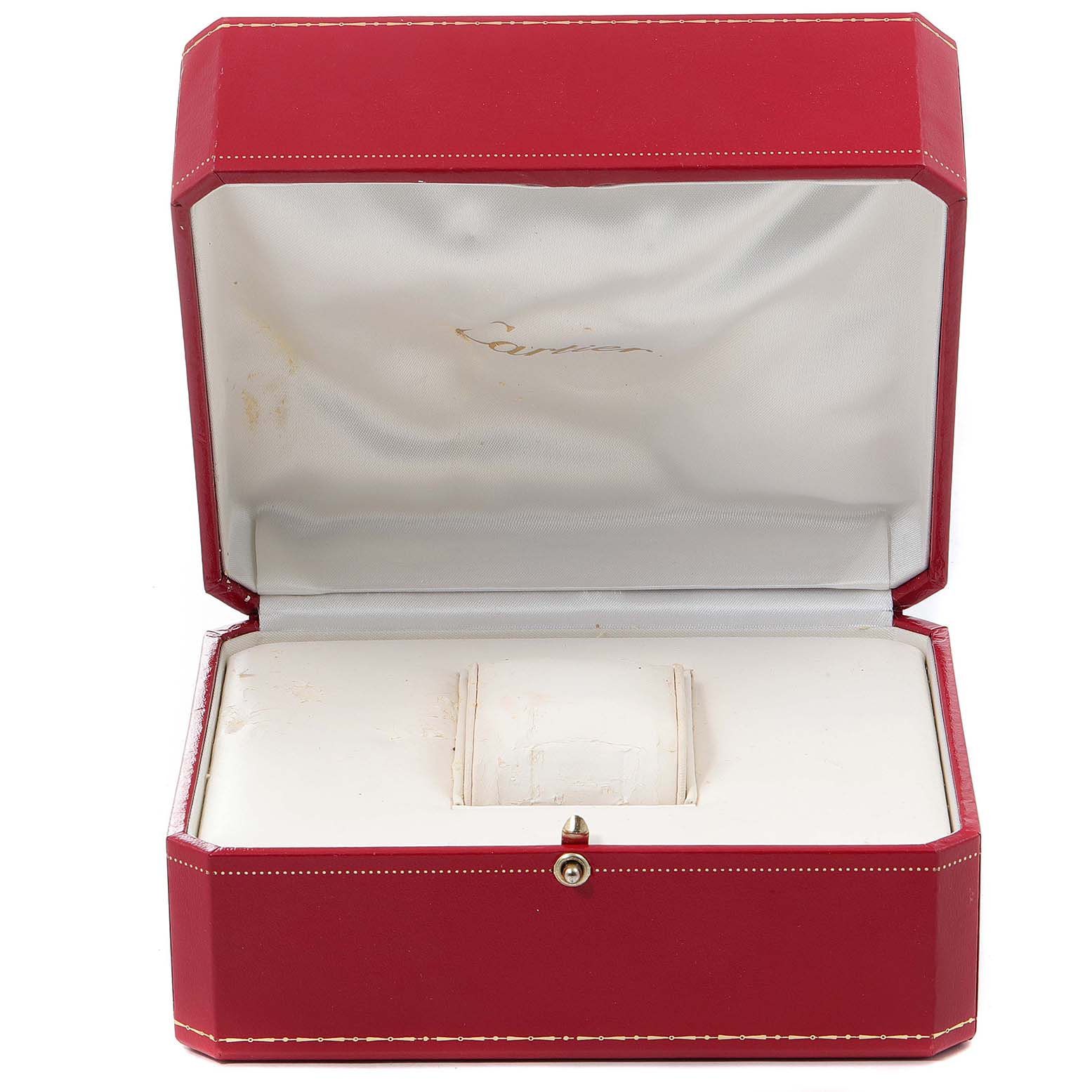 The image shows an empty red Cartier watch box, inner cushion removed, for the Tank Anglaise model.