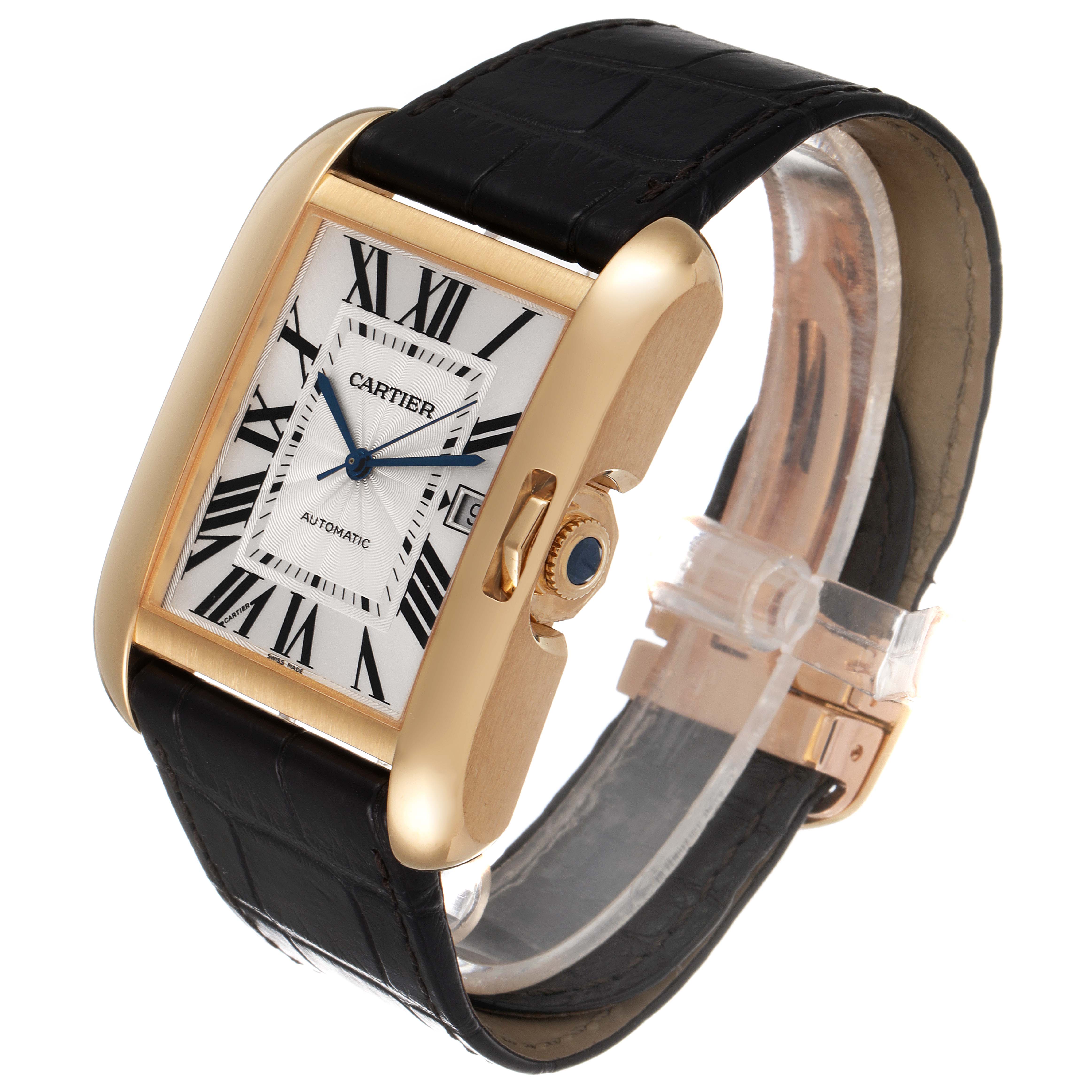 This image shows a Cartier Tank Anglaise W5310032 Men's Yellow Gold Silver Dial W5310032 Men's Yellow Gold Silver Dial watch at a three-quarter angle, highlighting its gold case, black leather strap, and rectangular dial.