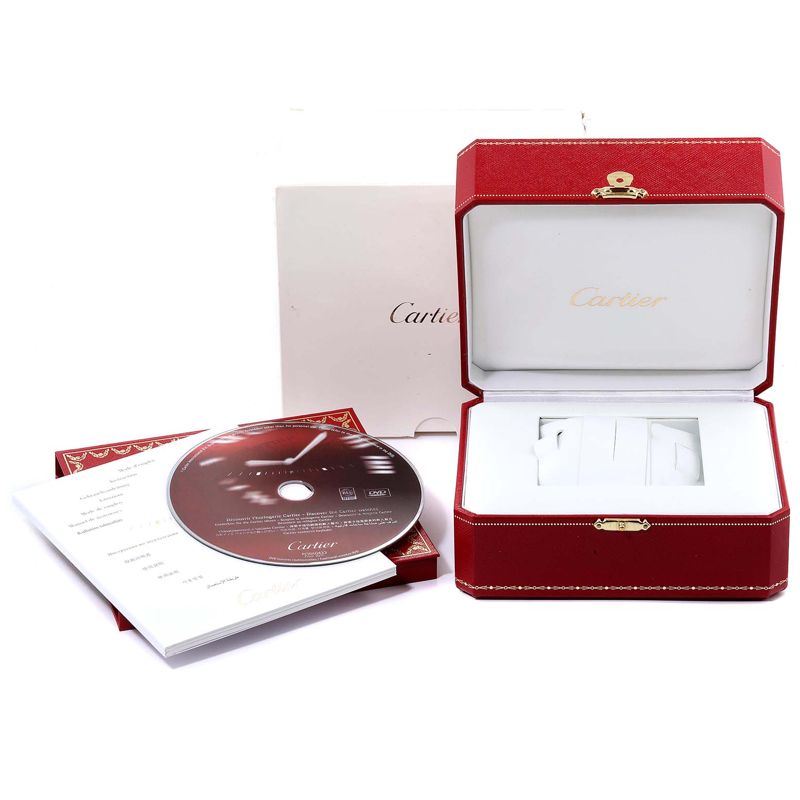 The image shows accessories for the Cartier Tank Francaise WE100131 Women's Yellow Gold Silver Dial WE100131 Women's Yellow Gold Silver Dial model, including its box, manual, and a CD.