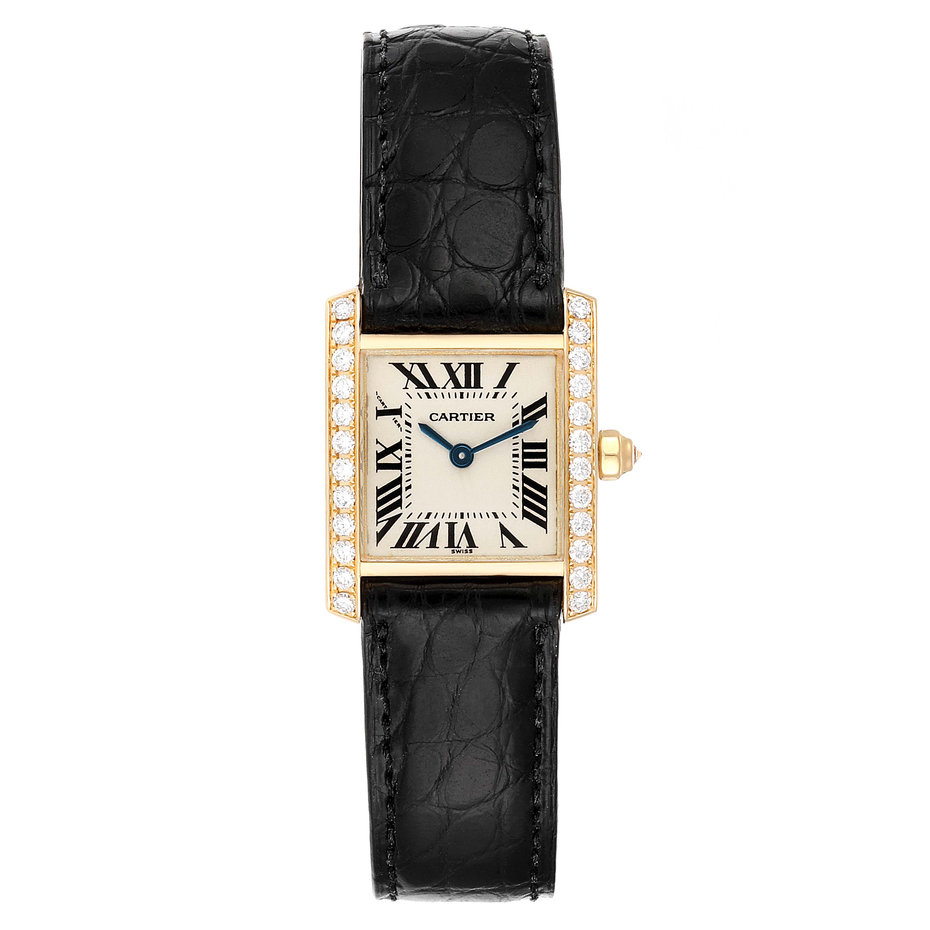 The image shows a Tank Francaise model by Cartier, featuring a front view of the watch face and black leather strap.