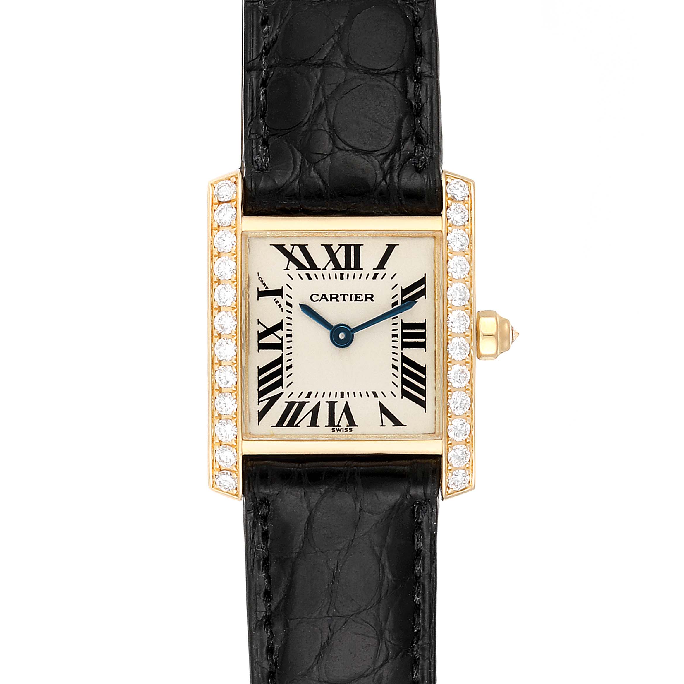 The image shows a front view of a Cartier Tank Francaise WE100131 Women's Yellow Gold Silver Dial WE100131 Women's Yellow Gold Silver Dial watch with a leather strap and diamond accents.
