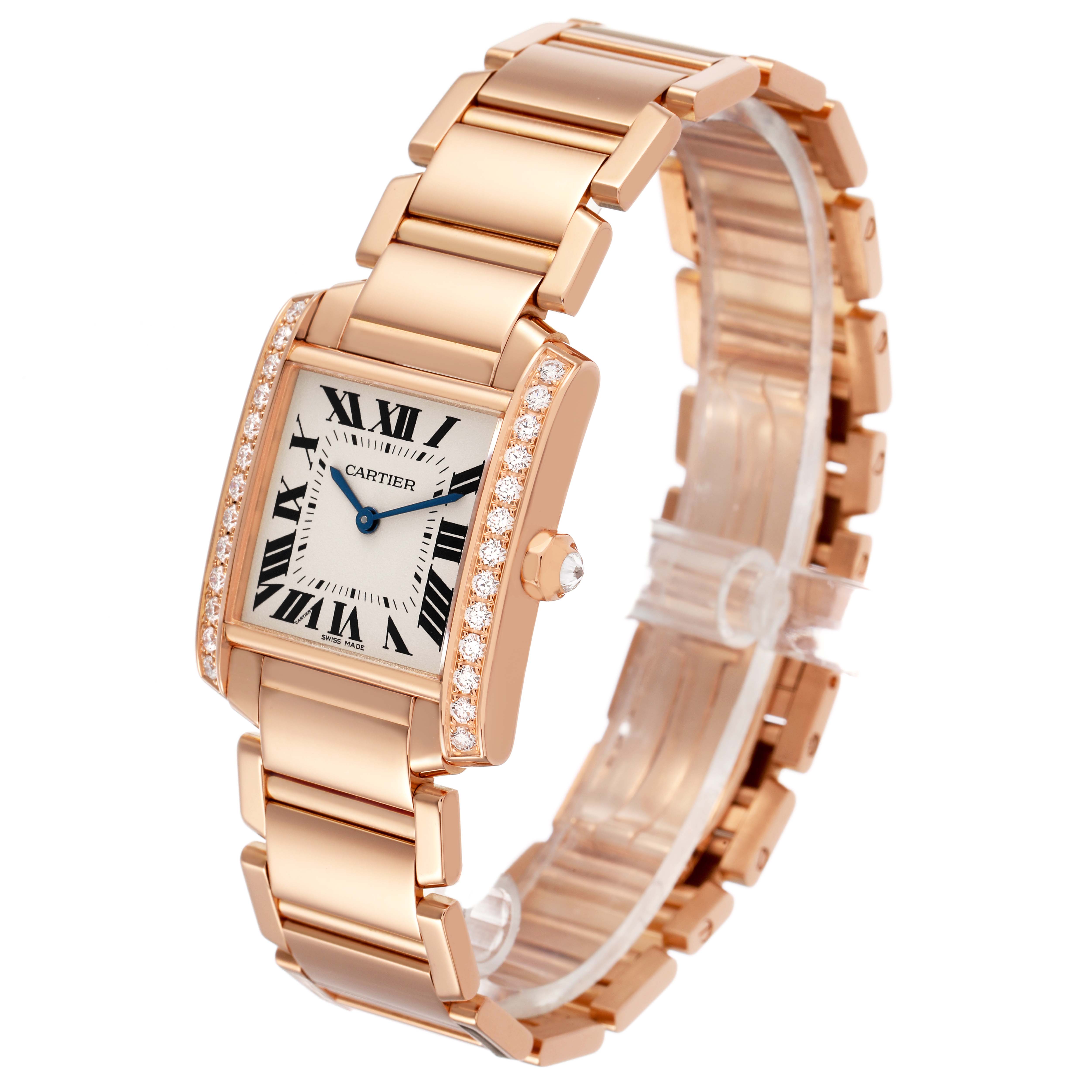 The Cartier Tank Française watch is shown at a three-quarter angle, highlighting the bracelet, case, and dial with diamond accents.