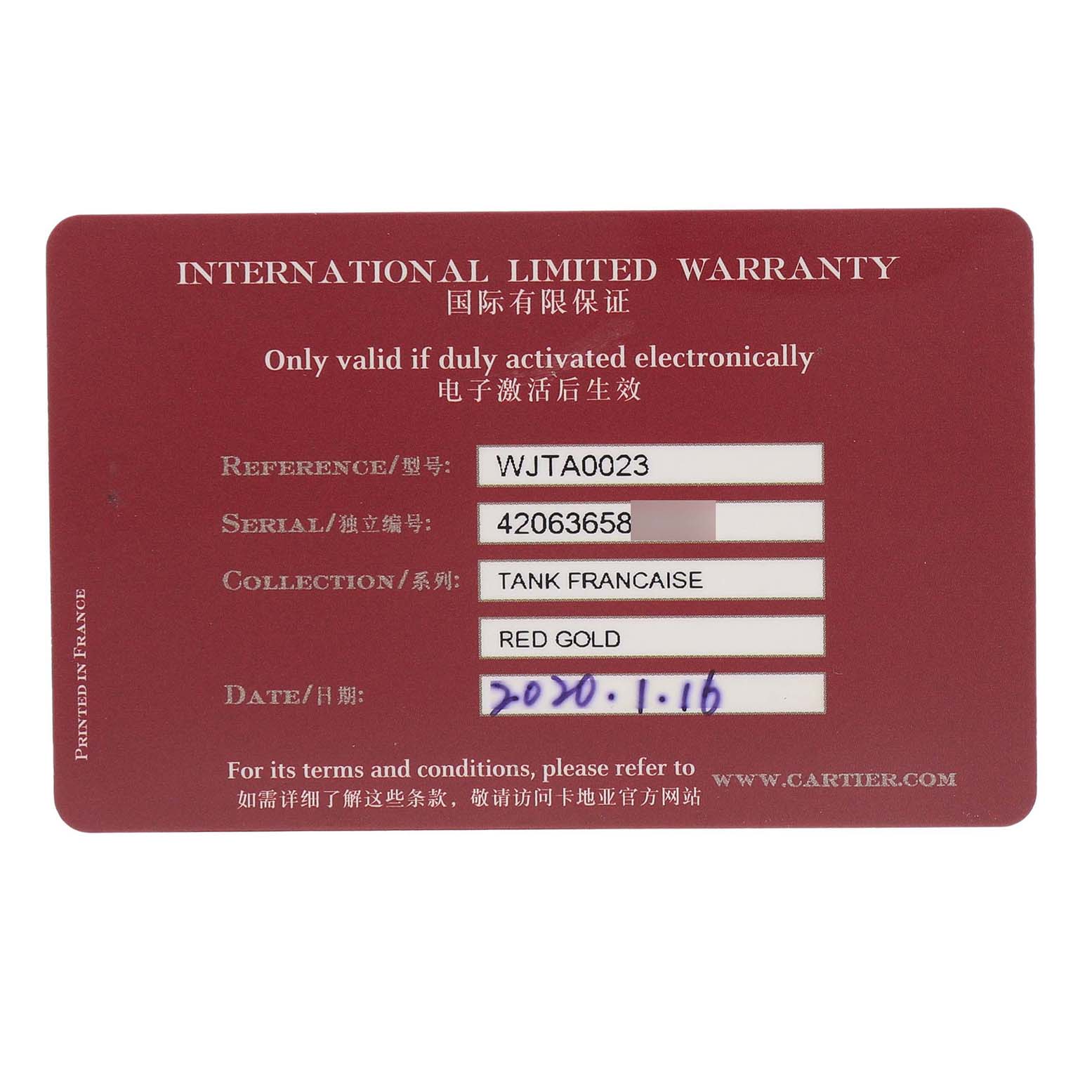 The image shows an International Limited Warranty card for the Cartier Tank Francaise WJTA0023 Women's Rose Gold Silver Dial watch model.