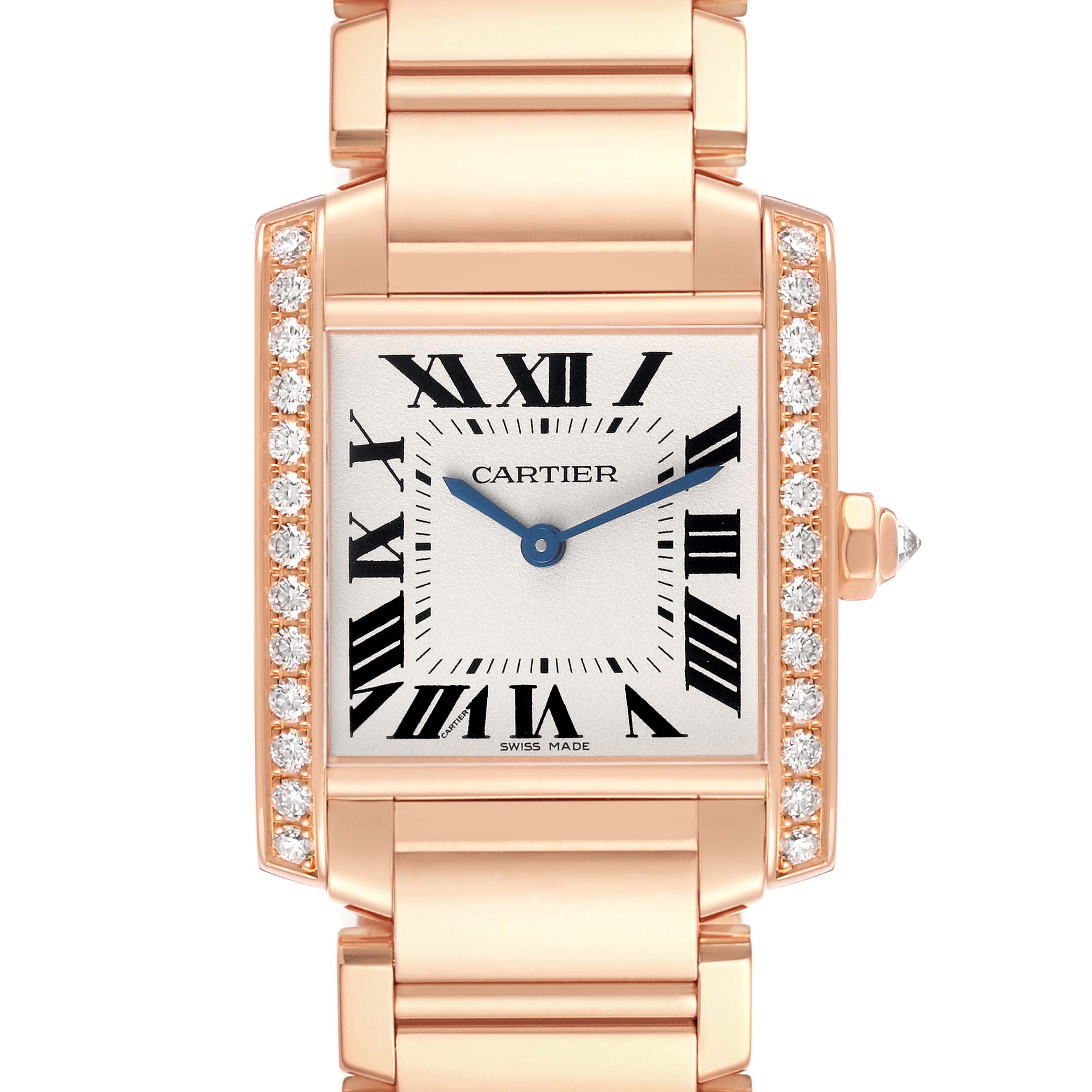 This image shows a front view of the Cartier Tank Française watch, highlighting the case, diamond-set bezel, and bracelet.