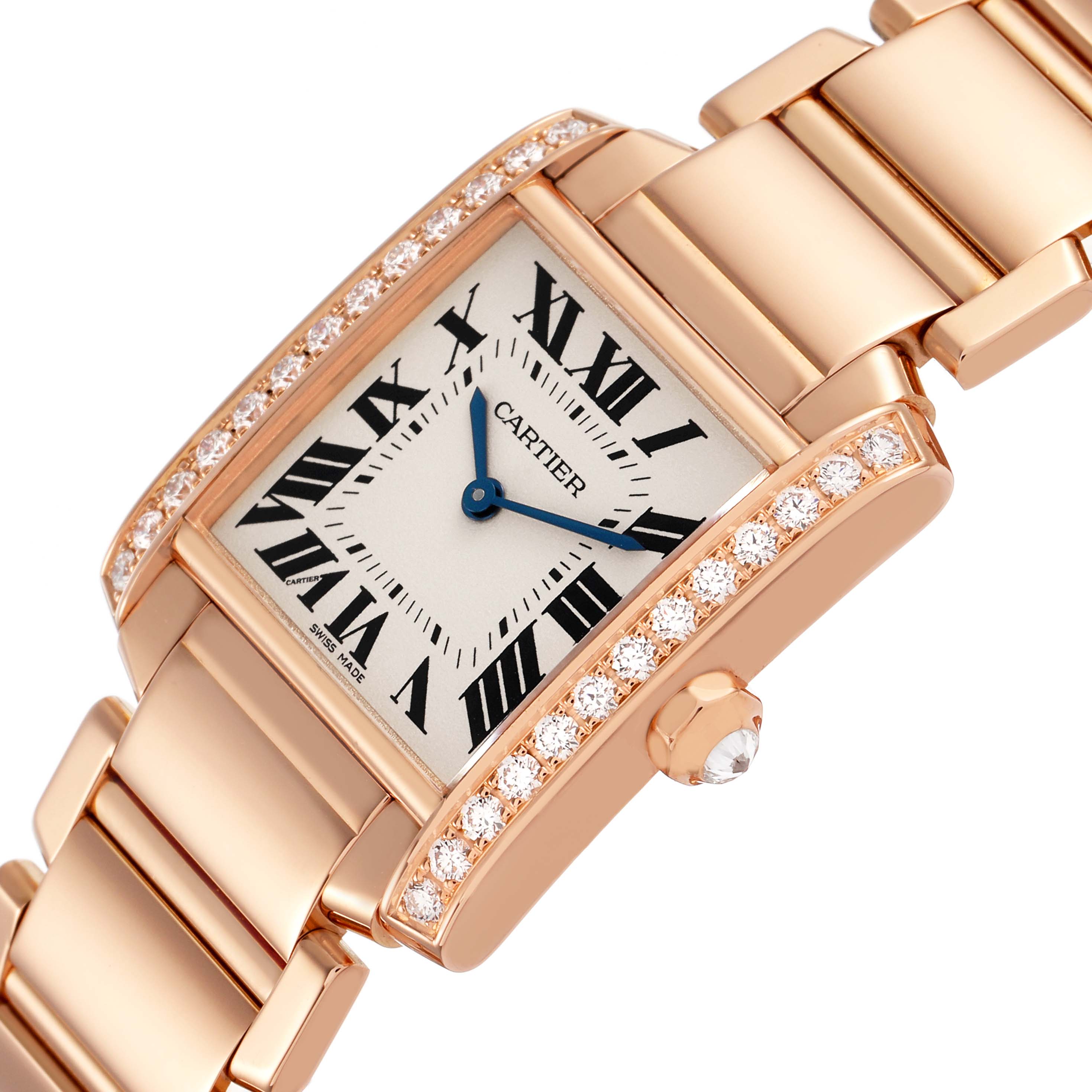 The Cartier Tank Française watch is shown at an angled top view, highlighting the diamond-set bezel, Roman numeral dial, and bracelet.