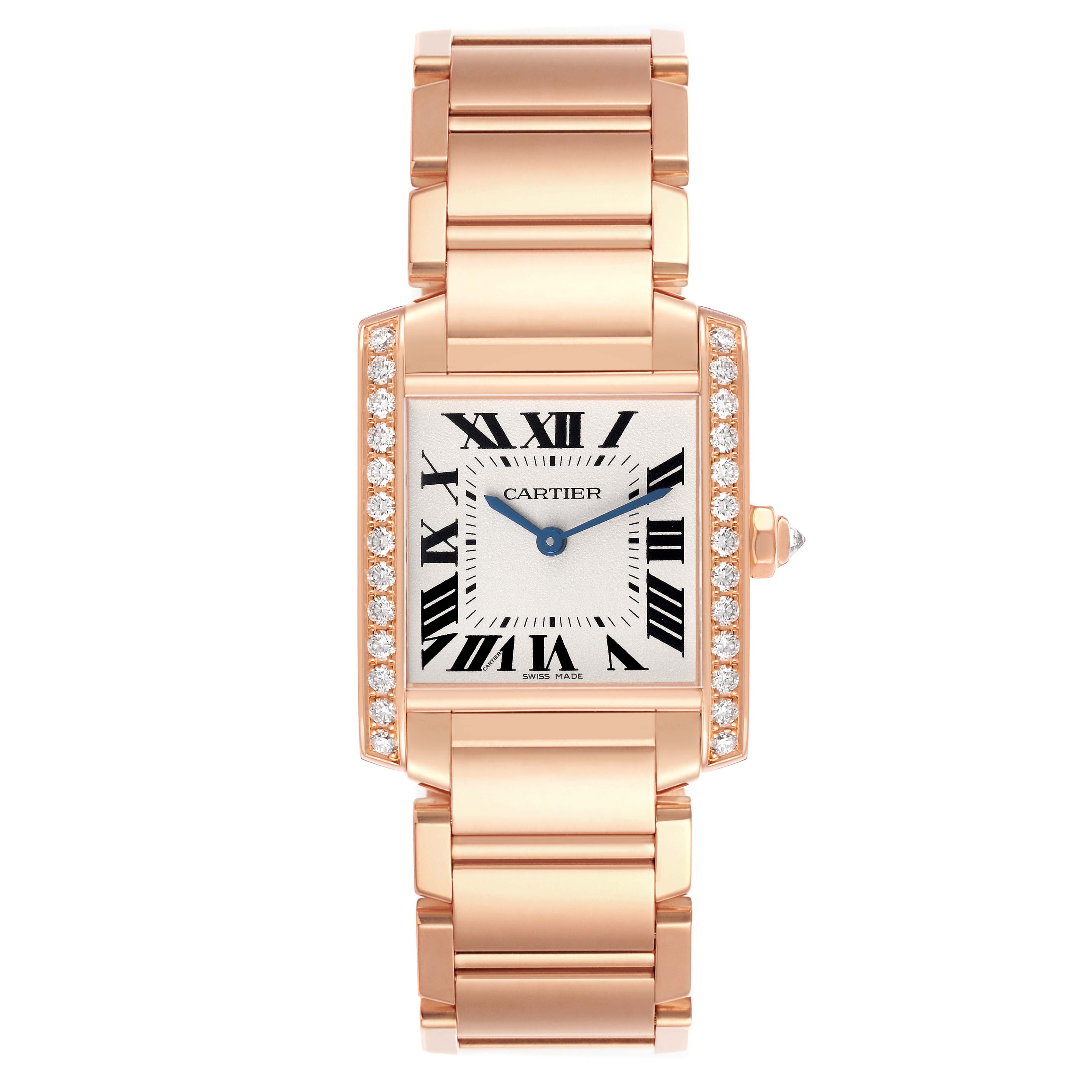 The Cartier Tank Française watch is shown from the front, displaying its bracelet and diamond-accented face.