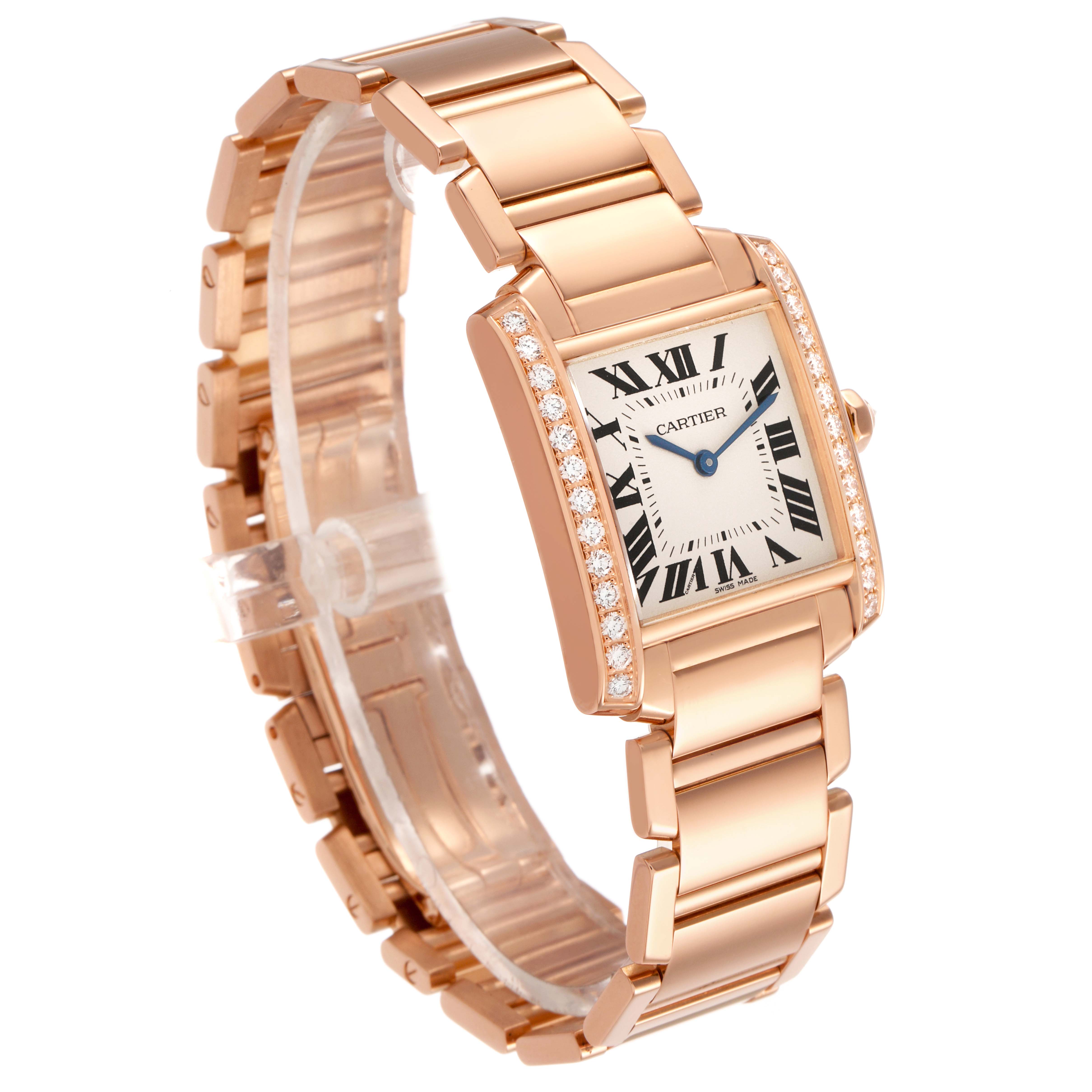 The Cartier Tank Française watch is shown at a three-quarter angle, highlighting its bezel, bracelet, and diamond accents.
