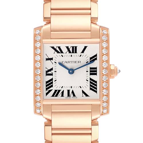 The Cartier Tank Française watch is shown from the front, displaying its dial, bezel, and part of the bracelet.