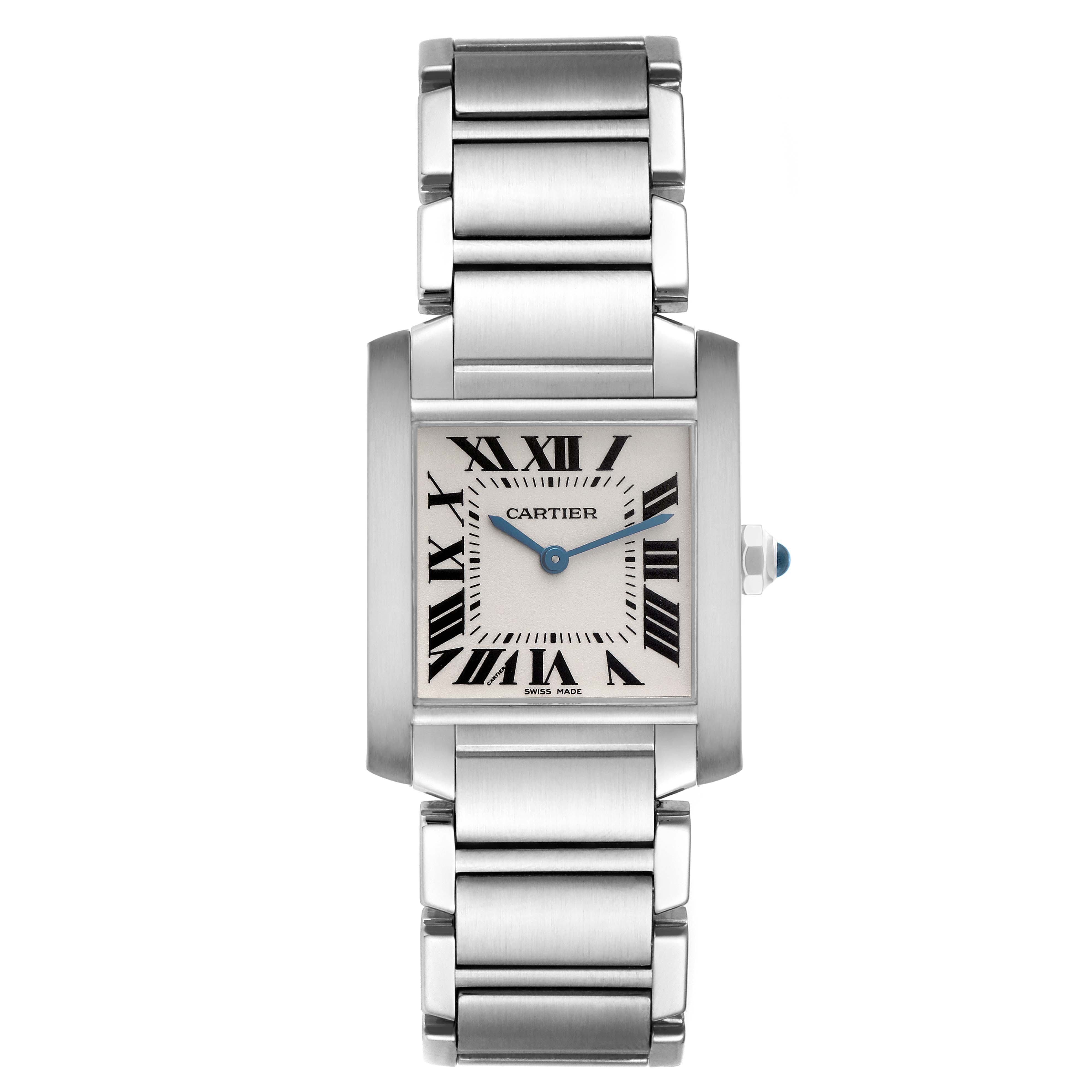 The Cartier Tank Francaise W51003Q3 Women
s Stainless Steel Silver Dial W51003Q3 Women
s Stainless Steel Silver Dial watch is shown from the front, highlighting its rectangular face and metal bracelet.