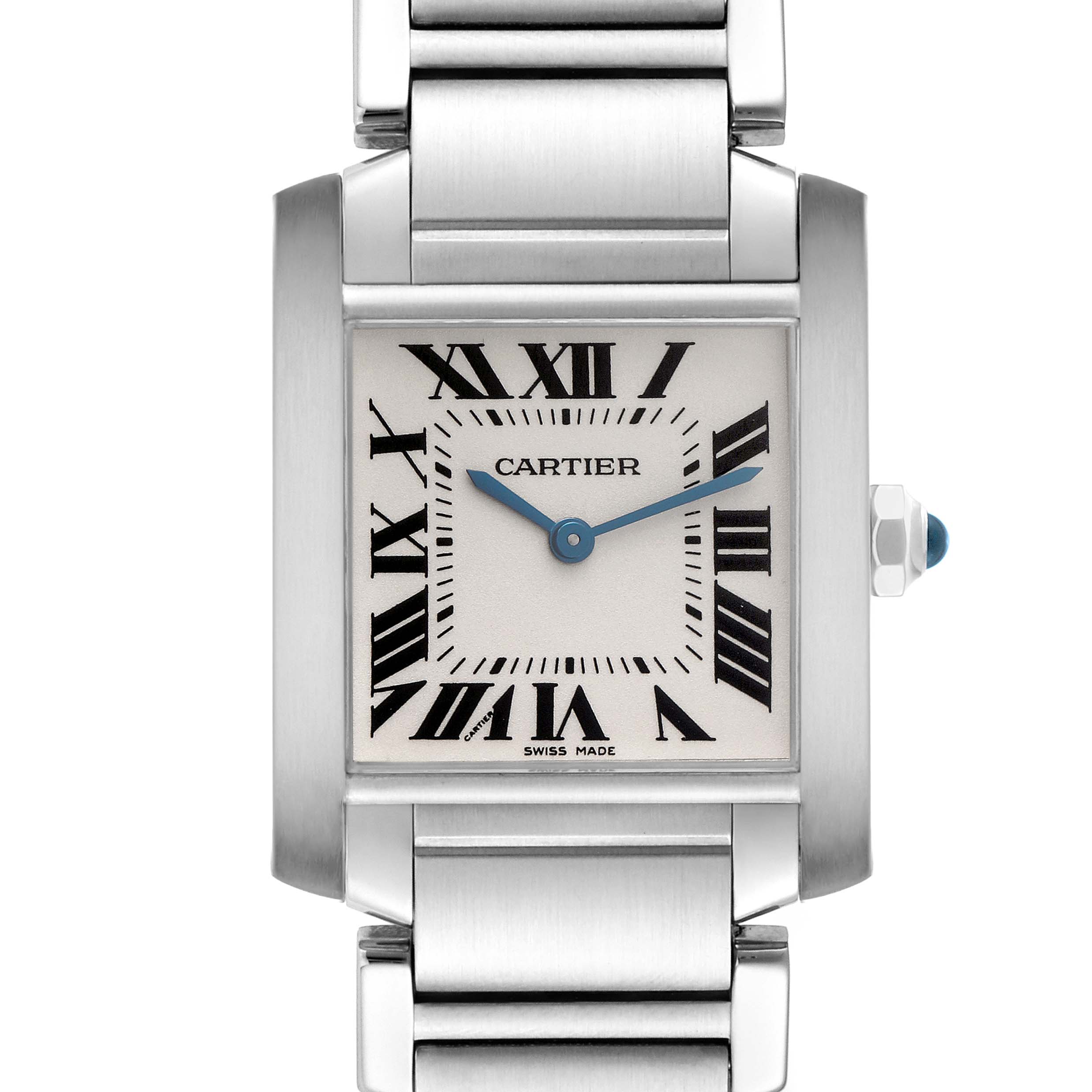 The Cartier Tank Francaise W51003Q3 Women
s Stainless Steel Silver Dial W51003Q3 Women
s Stainless Steel Silver Dial watch is shown from the front, highlighting the dial, Roman numerals, hands, and steel bracelet.
