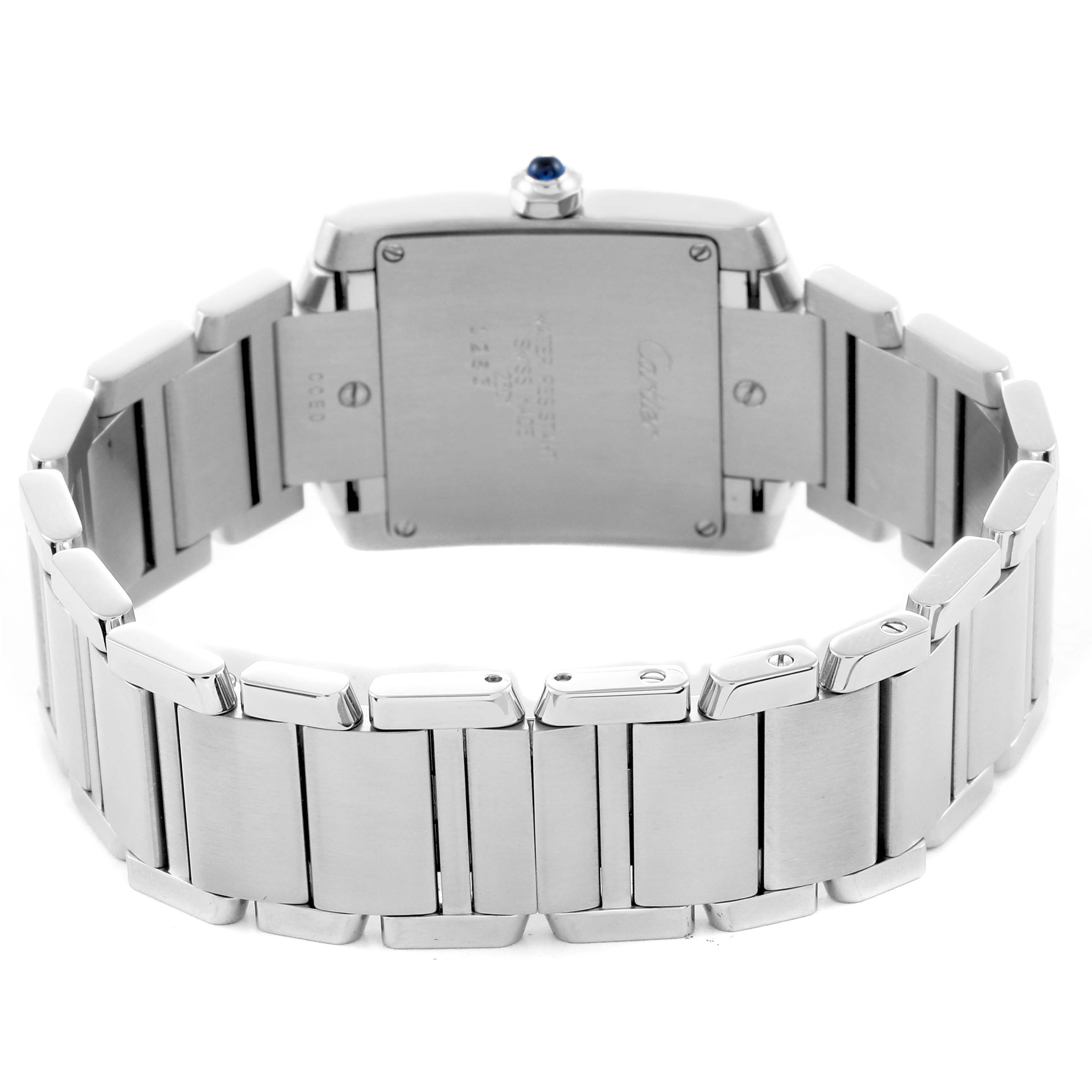 The image shows the Cartier Tank Française watch from the rear, highlighting the bracelet and case back.