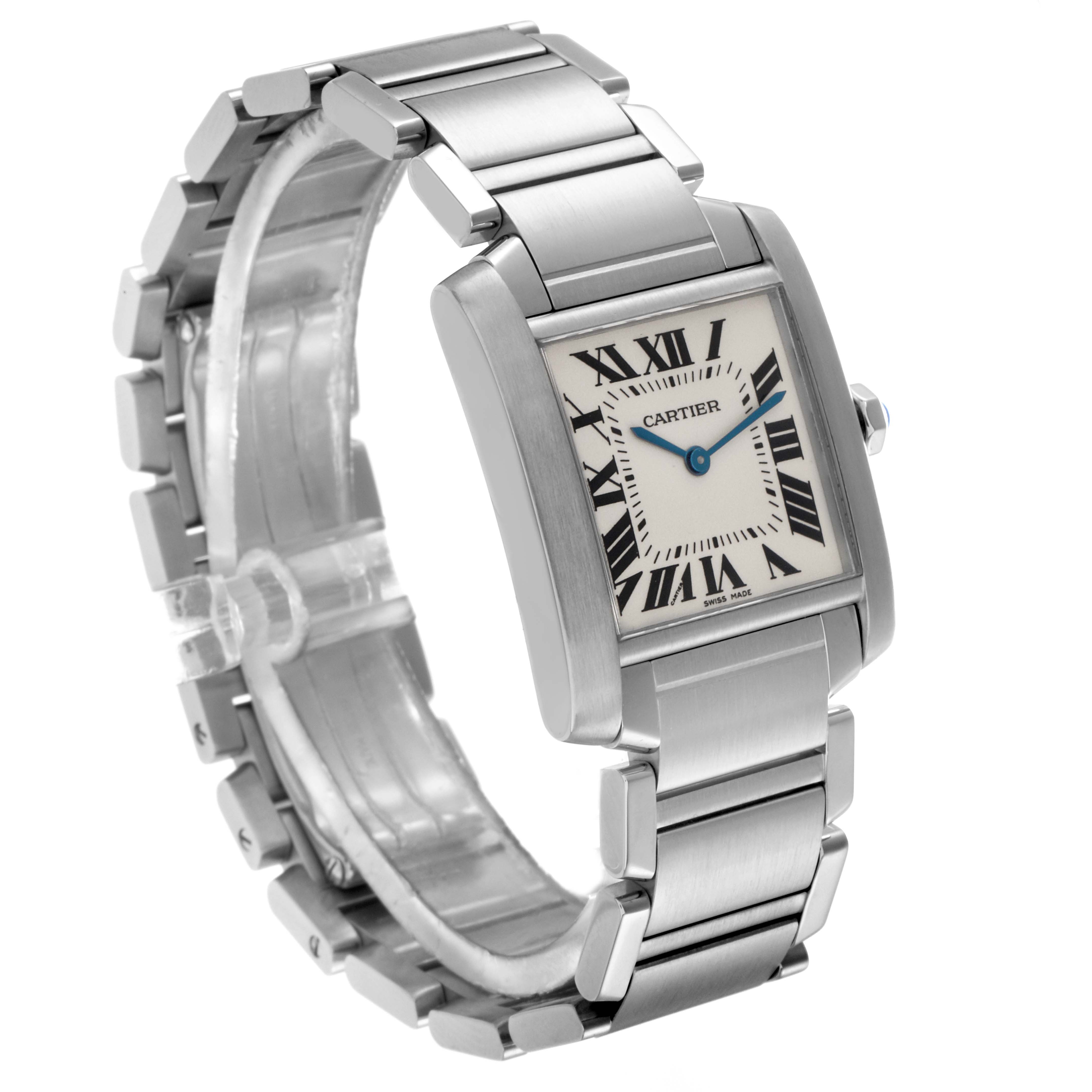 The Cartier Tank Française watch is shown at an angle highlighting the face, bracelet, and side profile.