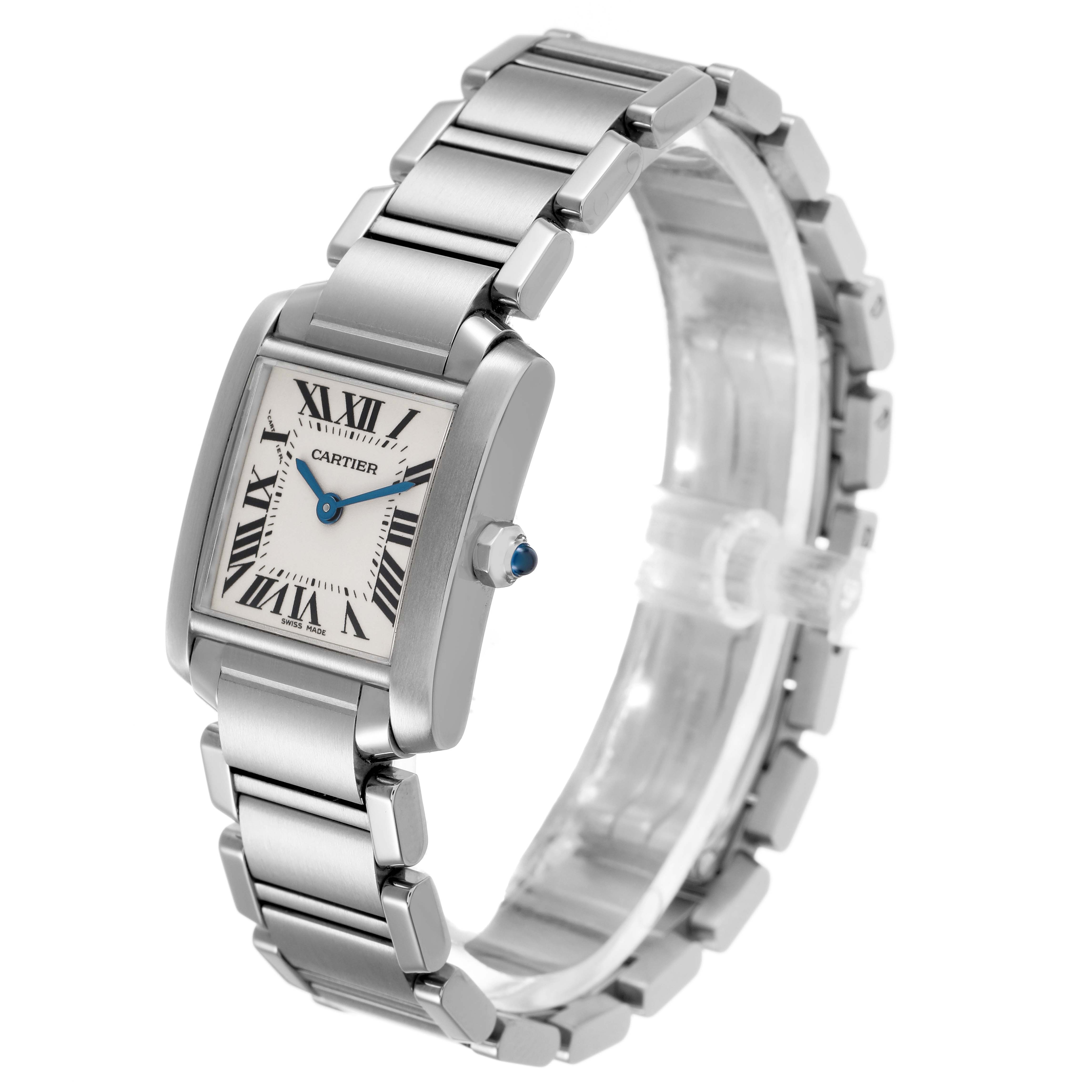 The Cartier Tank Française watch is shown at an angled view, highlighting the face, Roman numerals, bracelet, and crown.