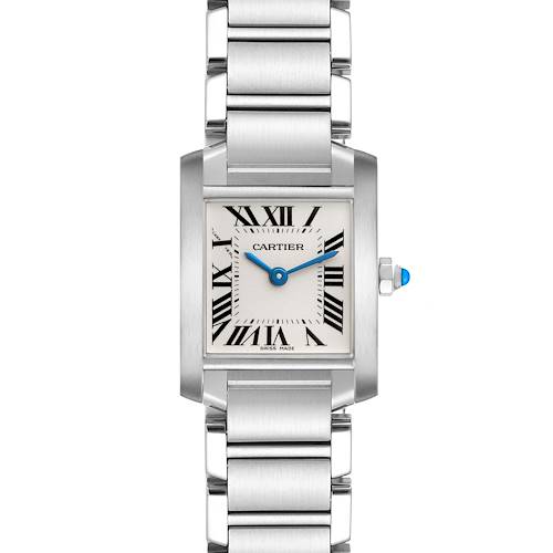 The Cartier Tank Française watch is shown from a front angle, highlighting its rectangular face, Roman numerals, and metal bracelet.