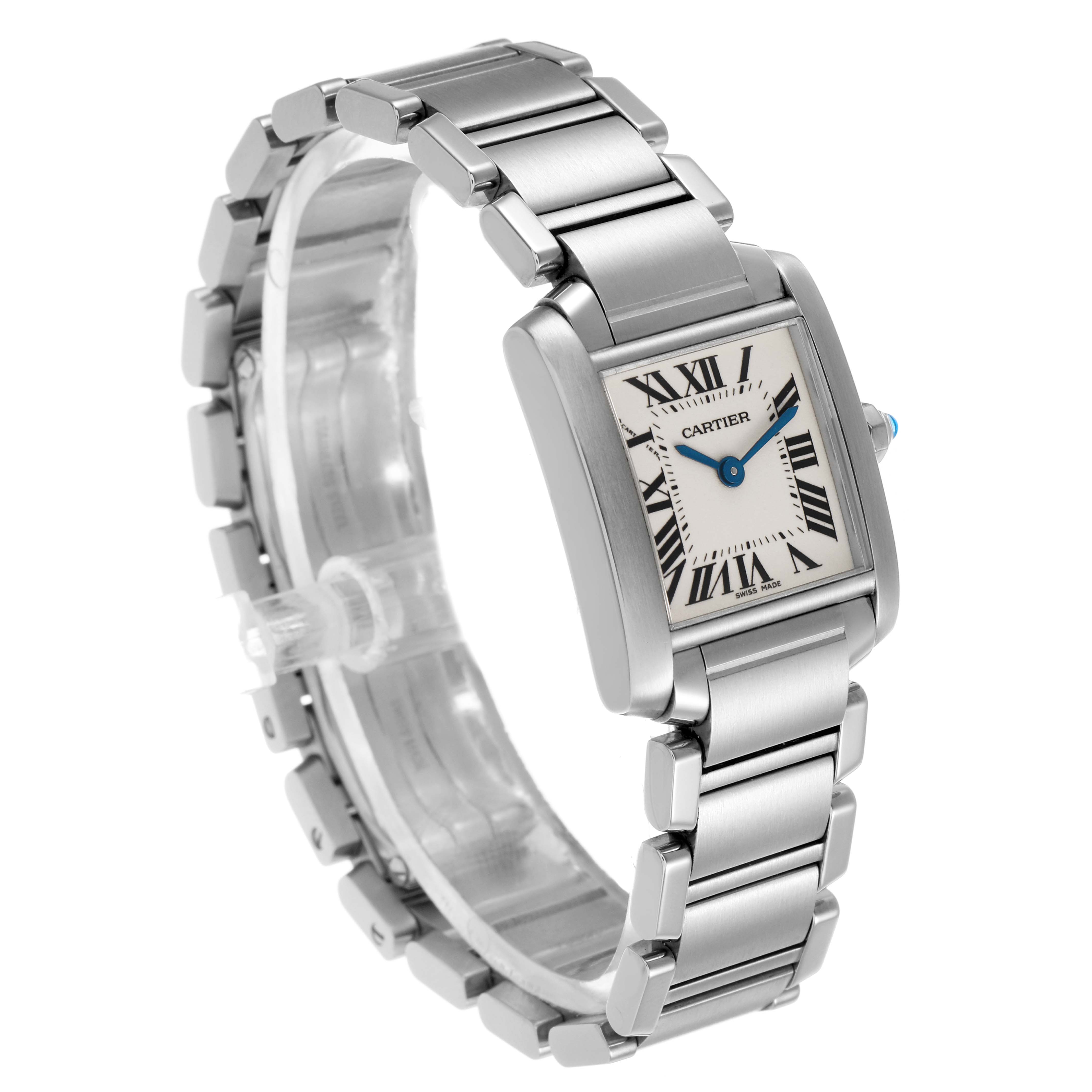The Cartier Tank Francaise W51008Q3 Women's Stainless Steel Silver Dial watch is shown from a three-quarter angle highlighting the bracelet and dial with blue hands.