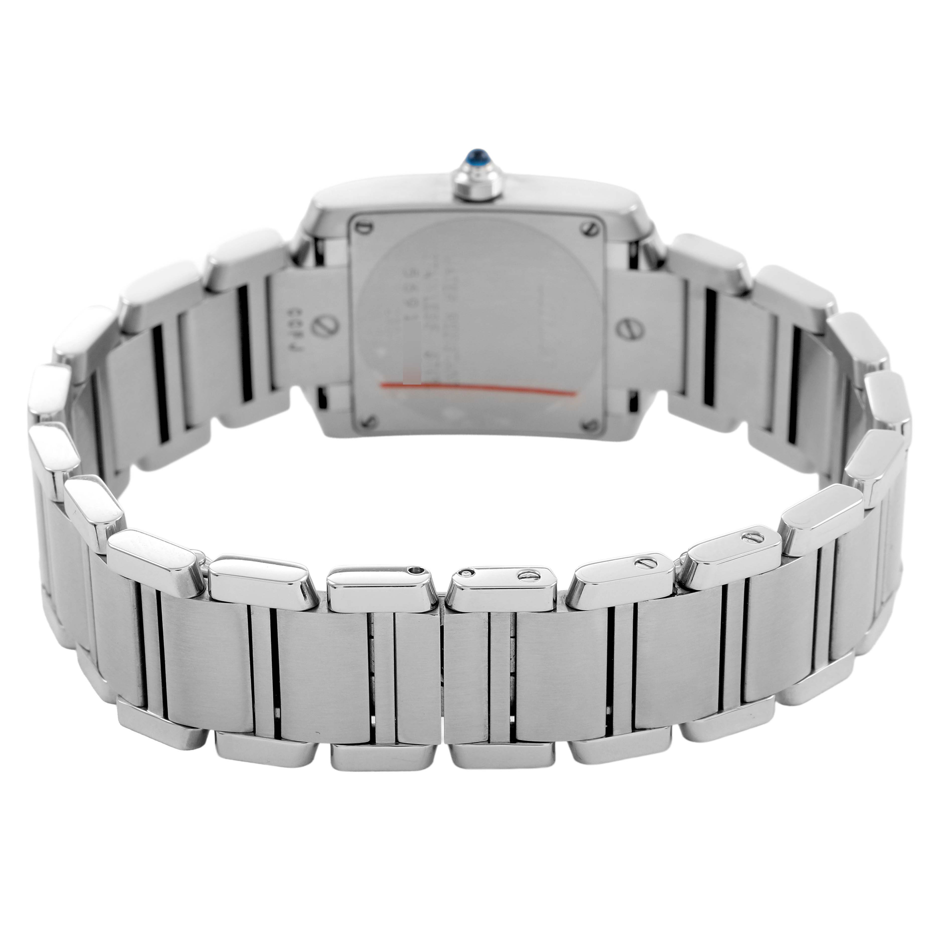 The Cartier Tank Francaise W51008Q3 Women's Stainless Steel Silver Dial watch is shown from the rear, focusing on the case back and stainless steel bracelet.