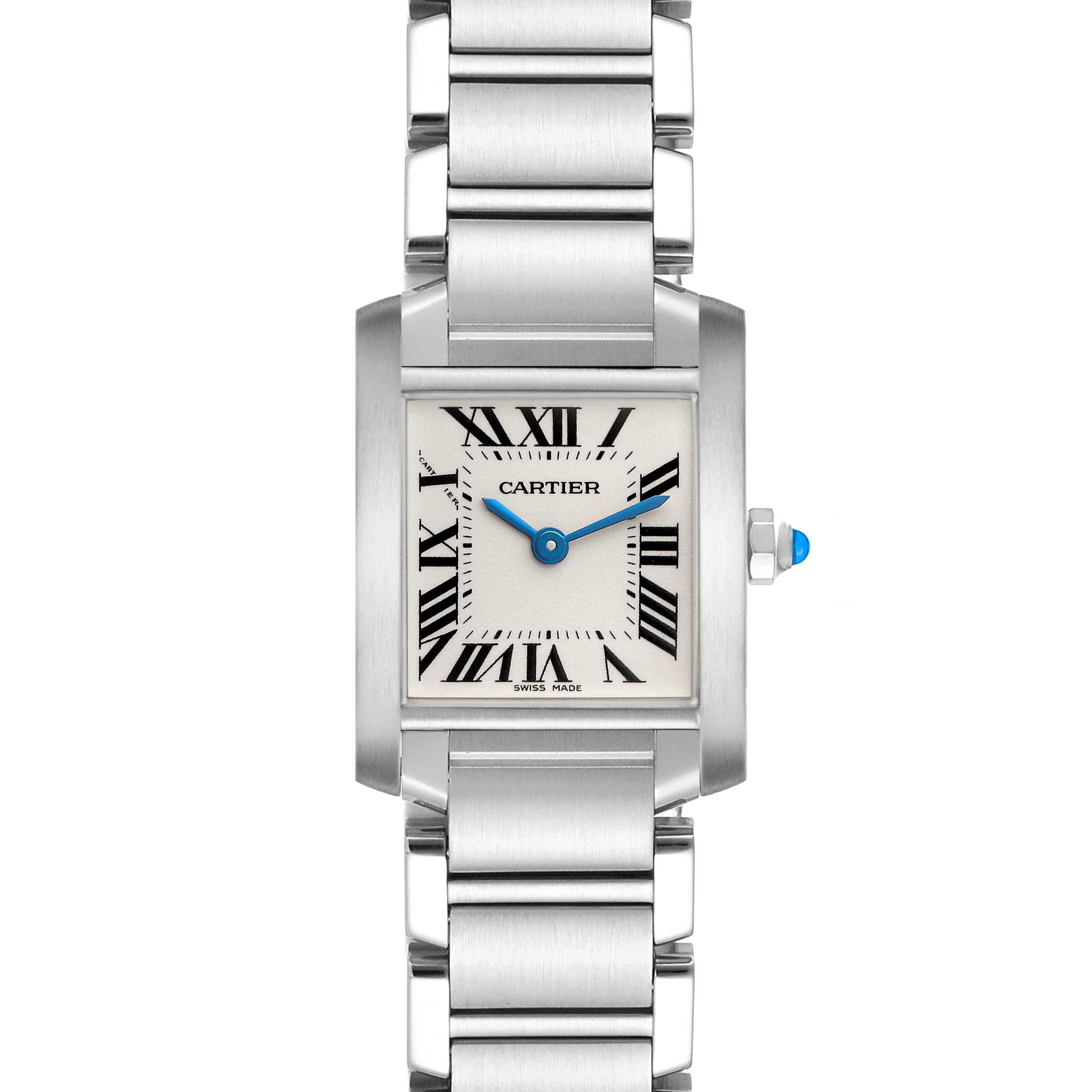 The Cartier Tank Francaise W51008Q3 Women's Stainless Steel Silver Dial watch is shown in a front view, displaying the face, Roman numerals, and bracelet clearly.