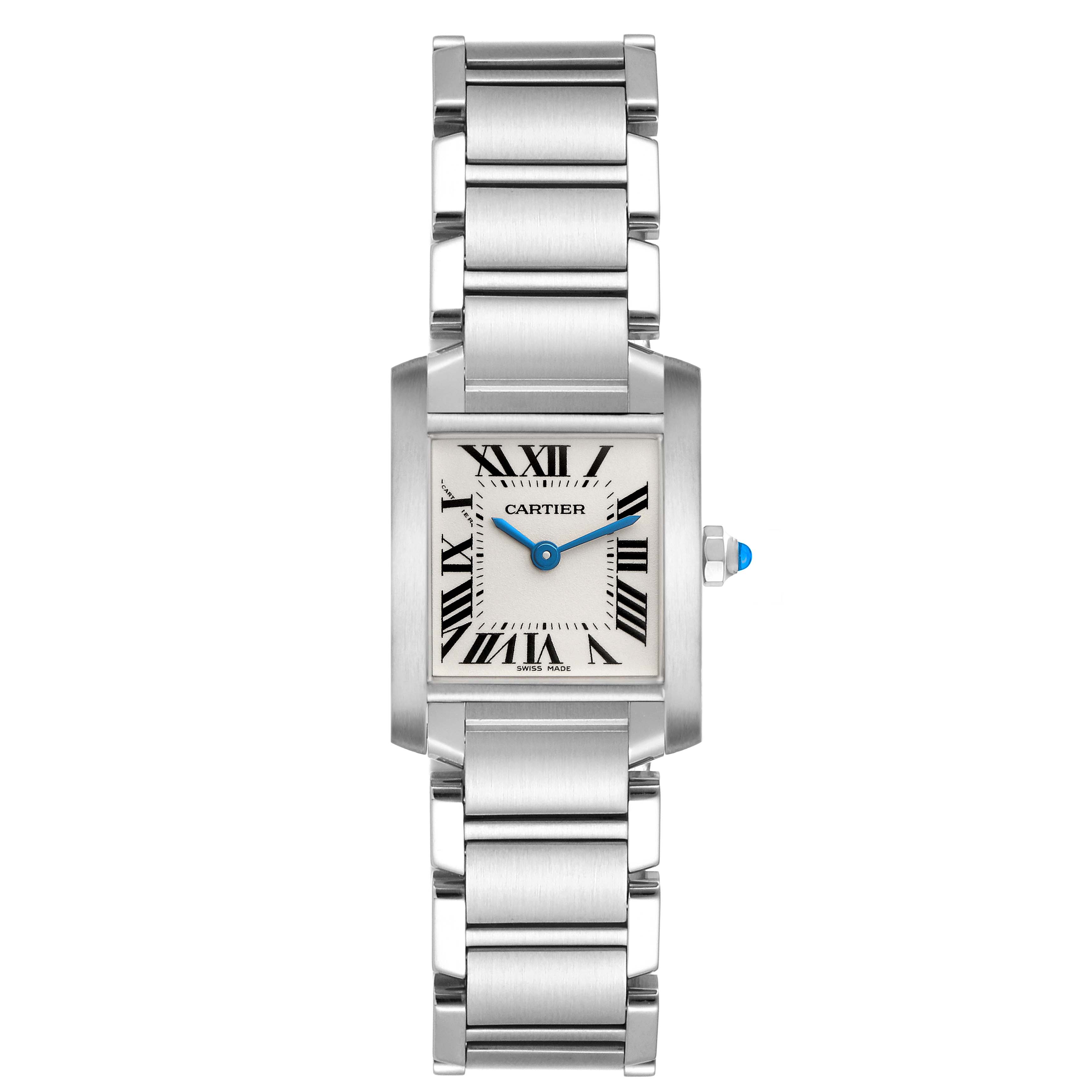 The Cartier Tank Française watch is shown from a front angle, displaying its rectangular face and metal bracelet.