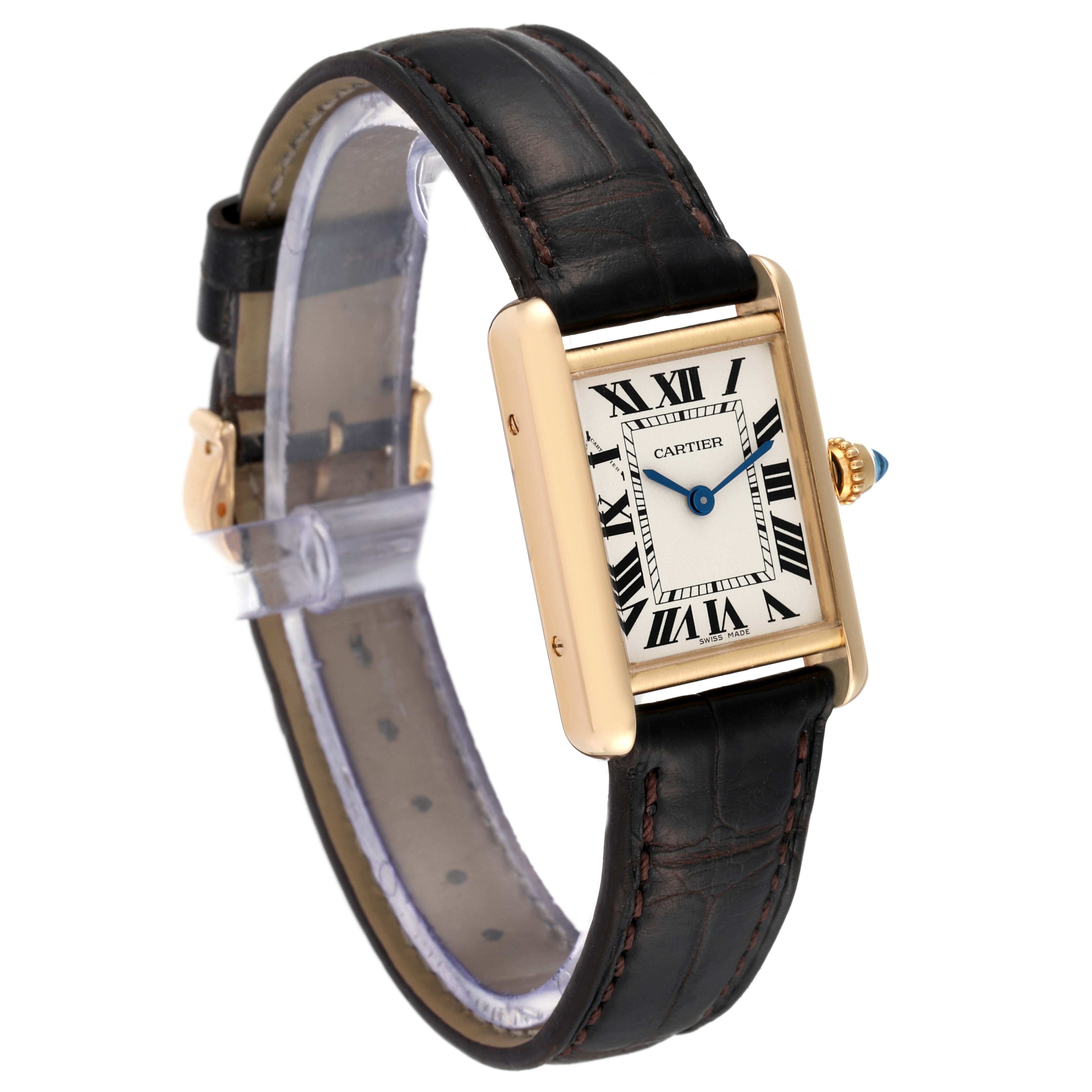 The Cartier Tank Louis W1529856 Women's Yellow Gold Silver Dial W1529856 Women's Yellow Gold Silver Dial watch is shown at a three-quarter angle highlighting its face, black leather strap, and gold casing.