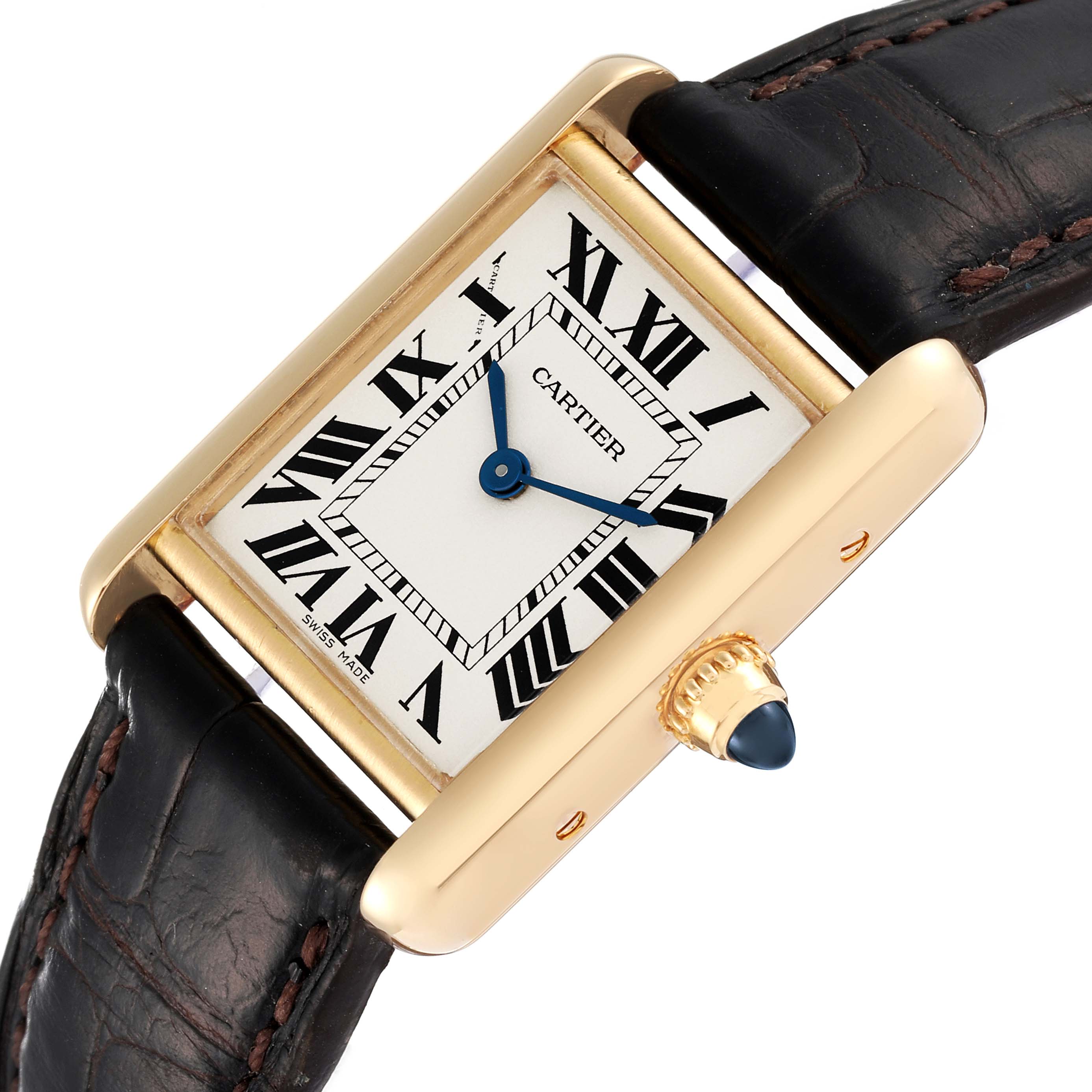 The image shows a close-up, angled view of the Cartier Tank Louis W1529856 Women's Yellow Gold Silver Dial W1529856 Women's Yellow Gold Silver Dial watch, highlighting its dial, crown, and leather strap.