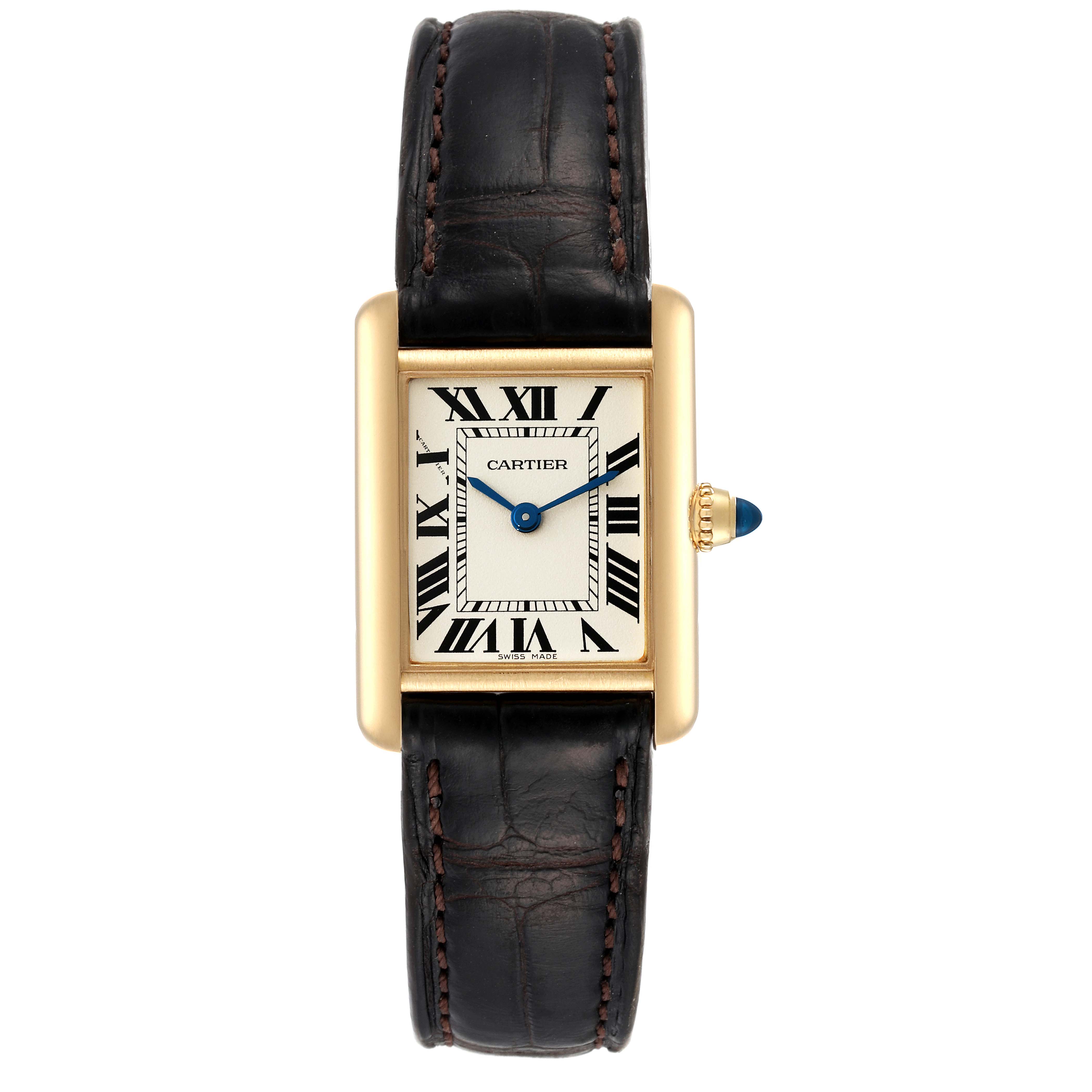 This Cartier Tank Louis W1529856 Women's Yellow Gold Silver Dial W1529856 Women's Yellow Gold Silver Dial watch is shown from the front, displaying its face, bezel, strap, and crown.
