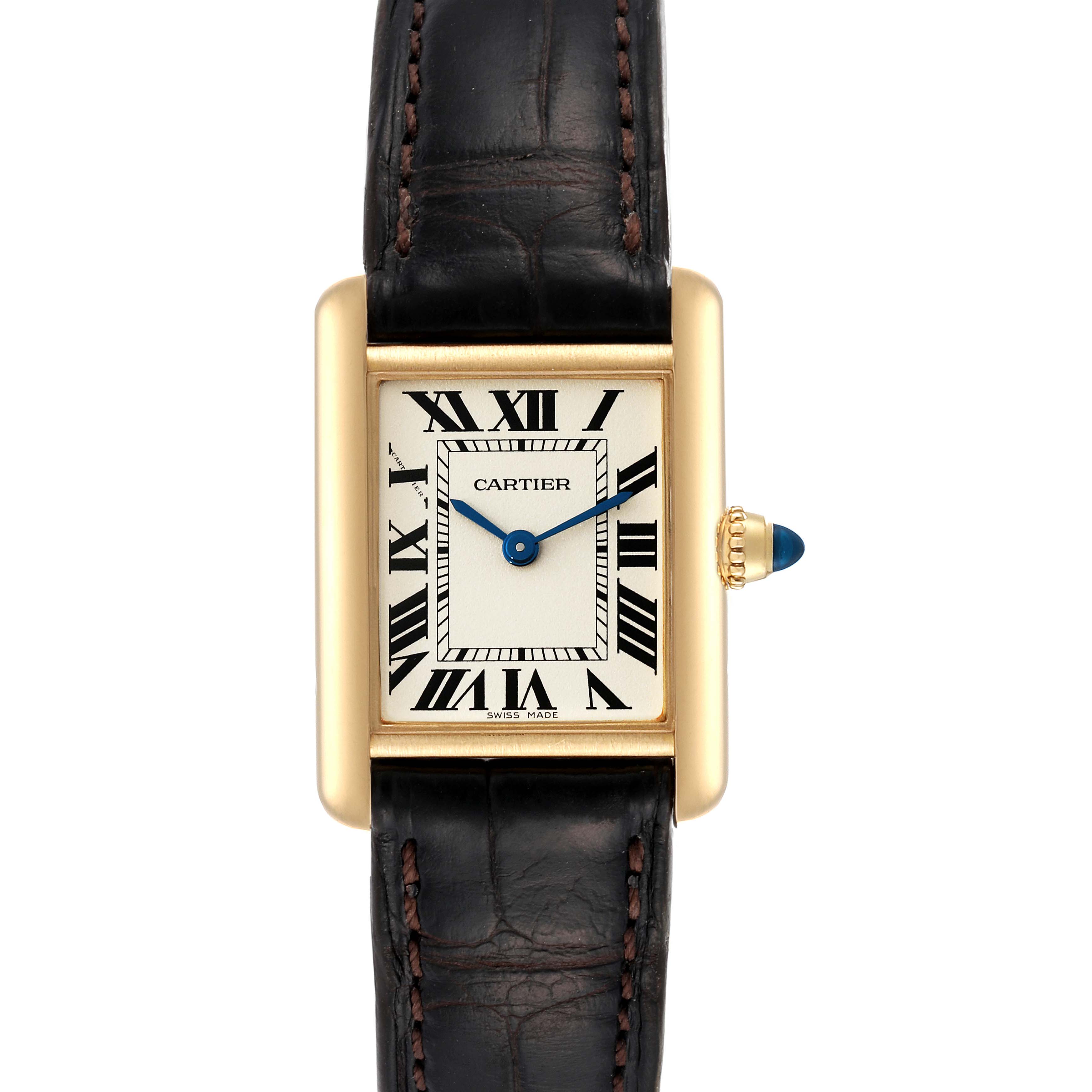 The image shows a front view of the Cartier Tank Louis W1529856 Women's Yellow Gold Silver Dial W1529856 Women's Yellow Gold Silver Dial watch, featuring its rectangular face, Roman numeral dial, and leather strap.