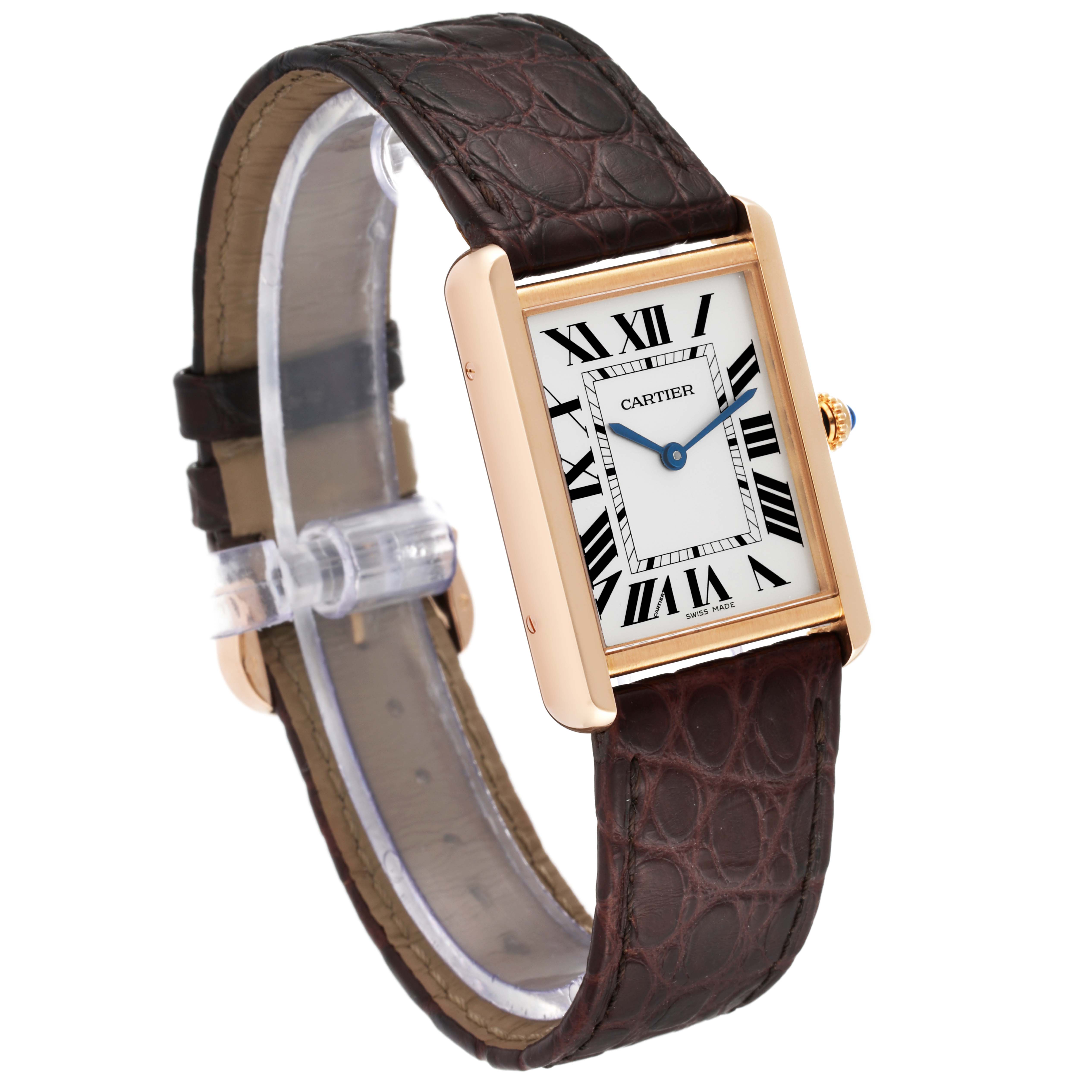 The Cartier Tank Solo W5200025 Men
s Rose Gold Silver Dial W5200025 Men
s Rose Gold Silver Dial watch is shown from a three-quarter angle, displaying the face, strap, and part of the crown.