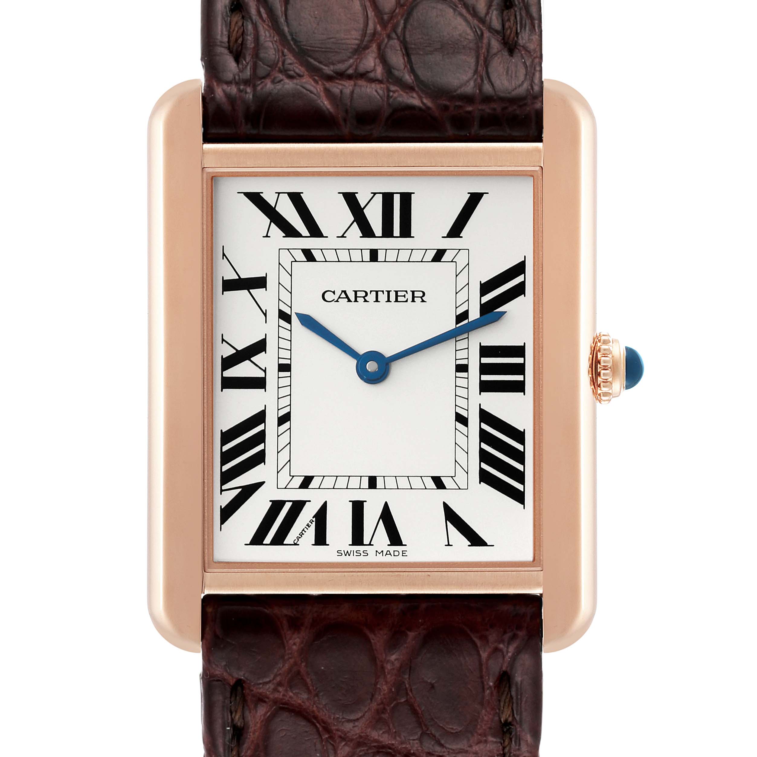 This is a front-facing view of the Cartier Tank Solo W5200025 Men
s Rose Gold Silver Dial W5200025 Men
s Rose Gold Silver Dial watch, showing its dial, hands, bezel, and part of the strap.