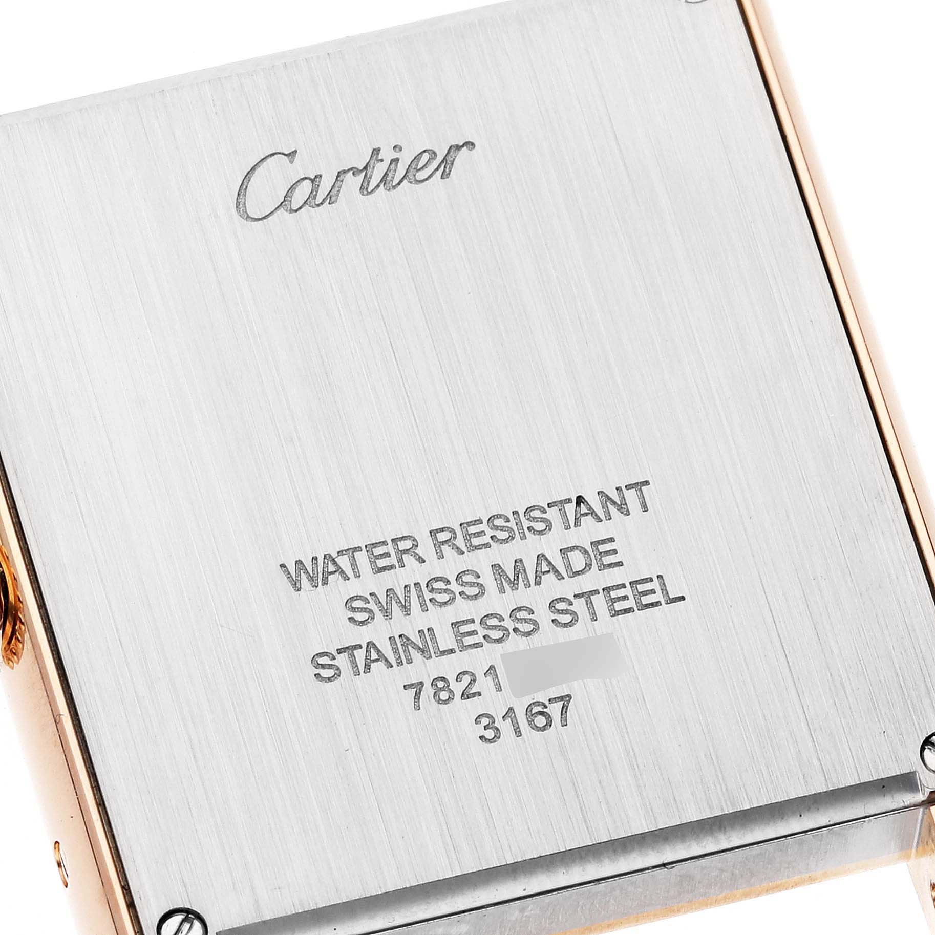 The image shows the back case of the Tank Solo model by Cartier, highlighting its water resistance and Swiss-made stainless steel construction.
