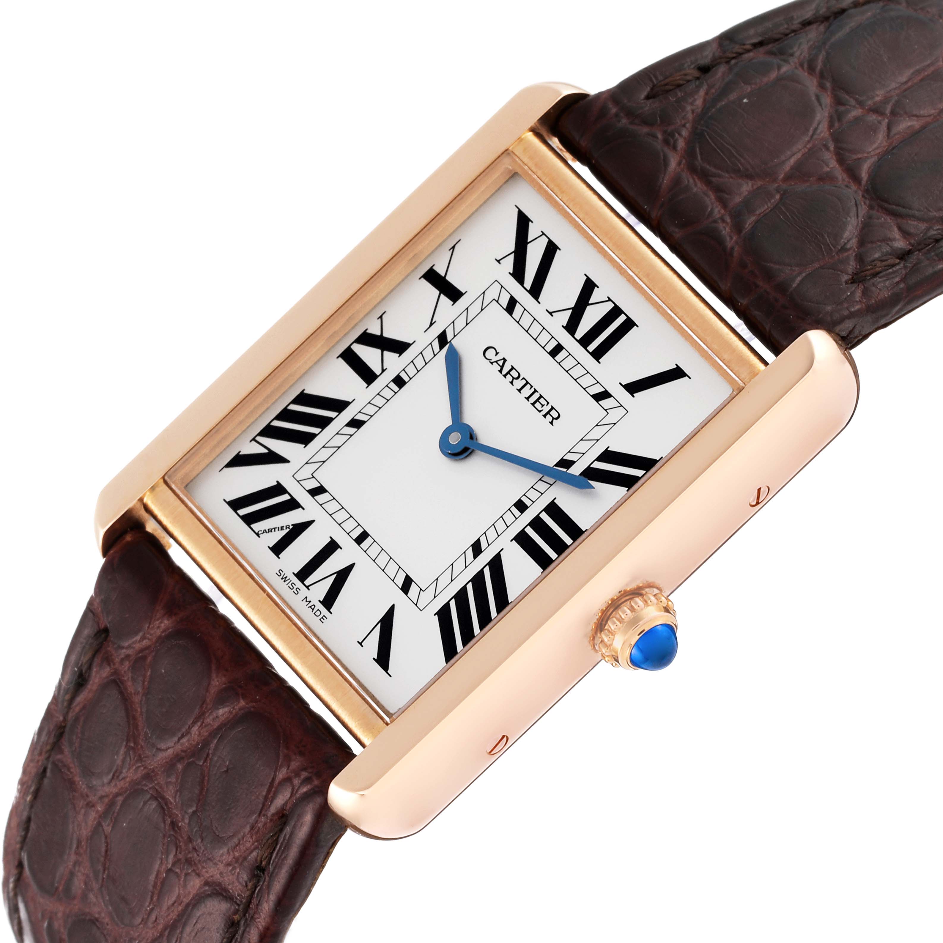 This image shows a close-up of the Cartier Tank Solo W5200025 Men
s Rose Gold Silver Dial W5200025 Men
s Rose Gold Silver Dial watch face and side, highlighting the crown and brown leather strap.