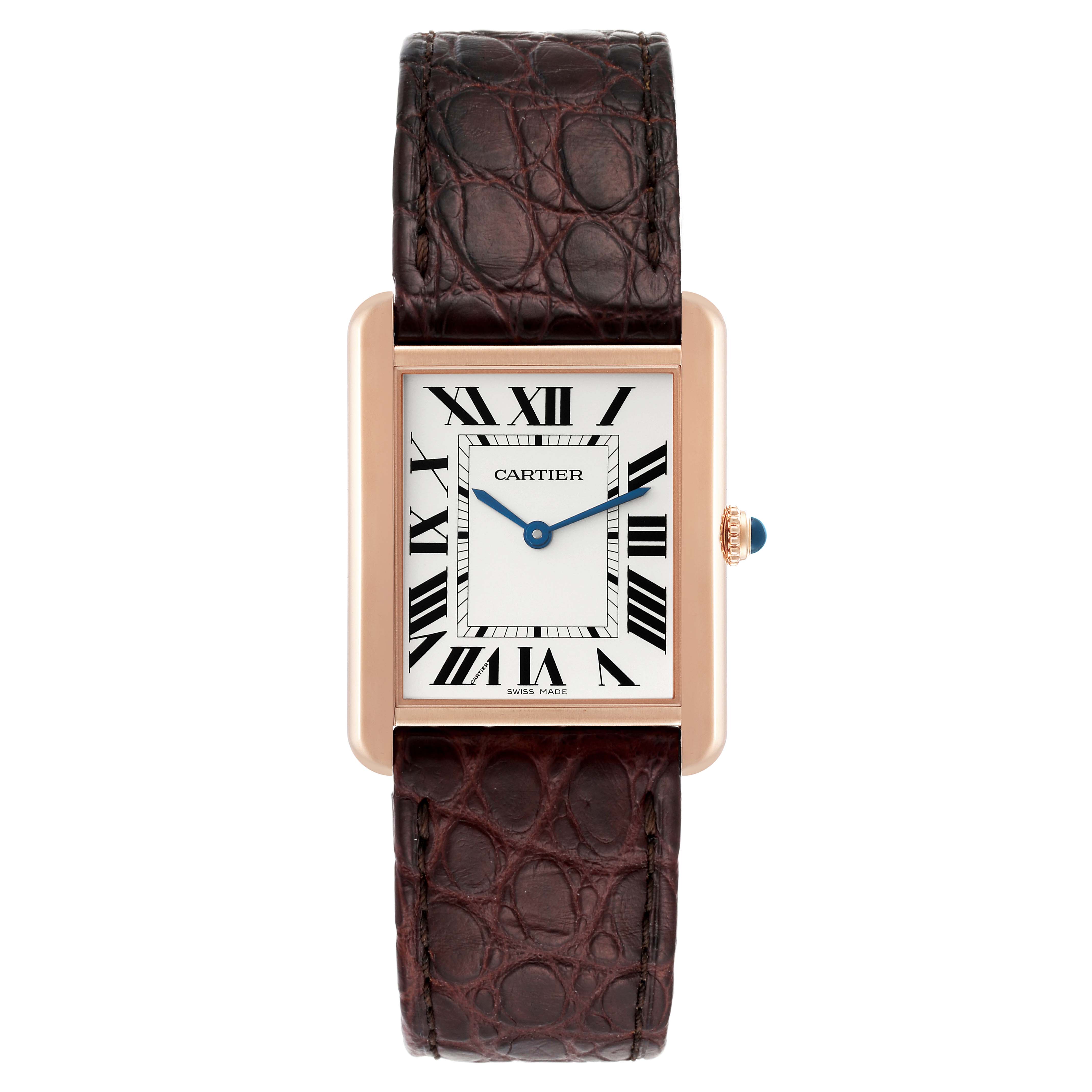 This image shows a front view of a Cartier Tank Solo W5200025 Men
s Rose Gold Silver Dial W5200025 Men
s Rose Gold Silver Dial watch, featuring its rectangular face, Roman numerals, and leather strap.