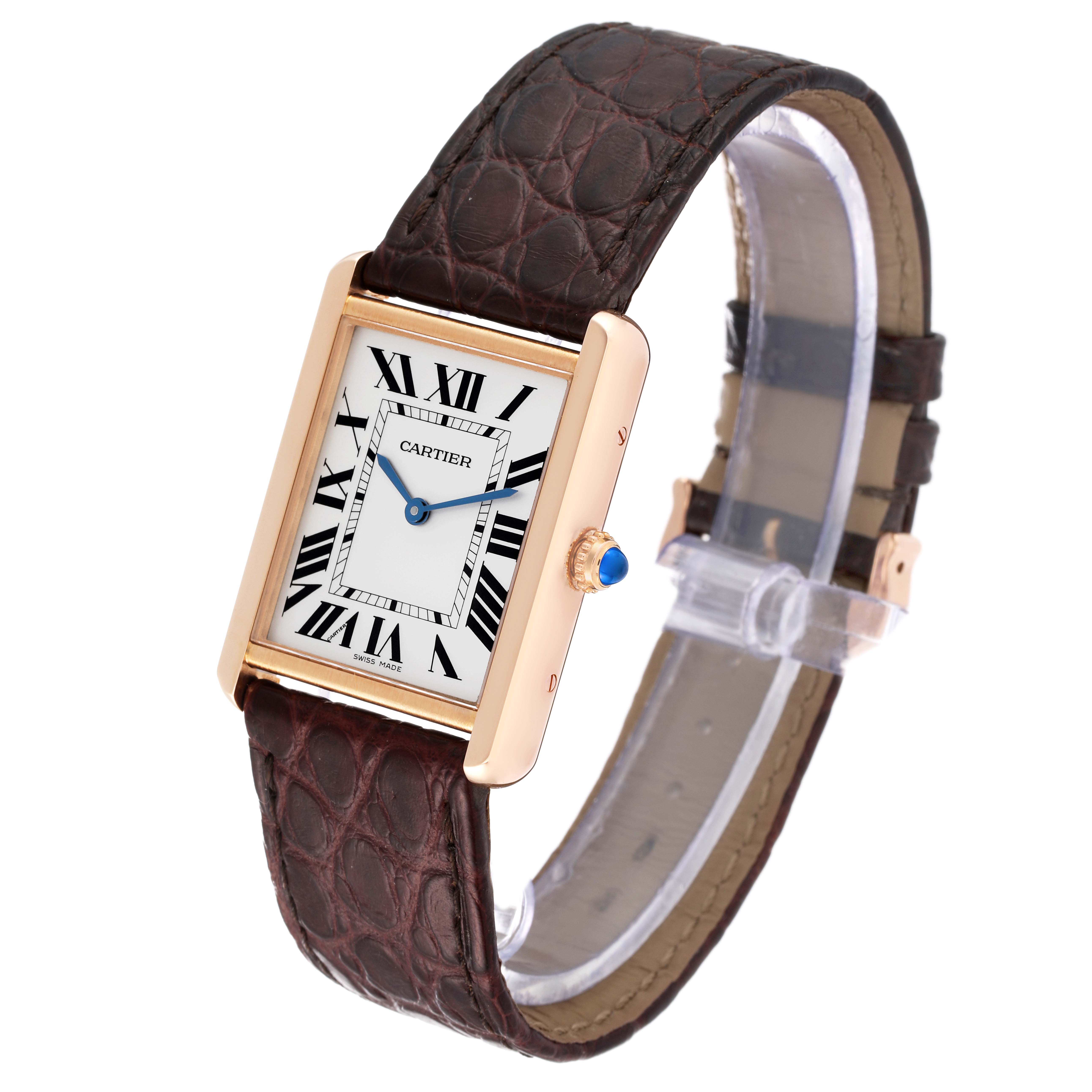 The Cartier Tank Solo W5200025 Men
s Rose Gold Silver Dial W5200025 Men
s Rose Gold Silver Dial watch is shown at a three-quarter angle, displaying the face, strap, and winder.