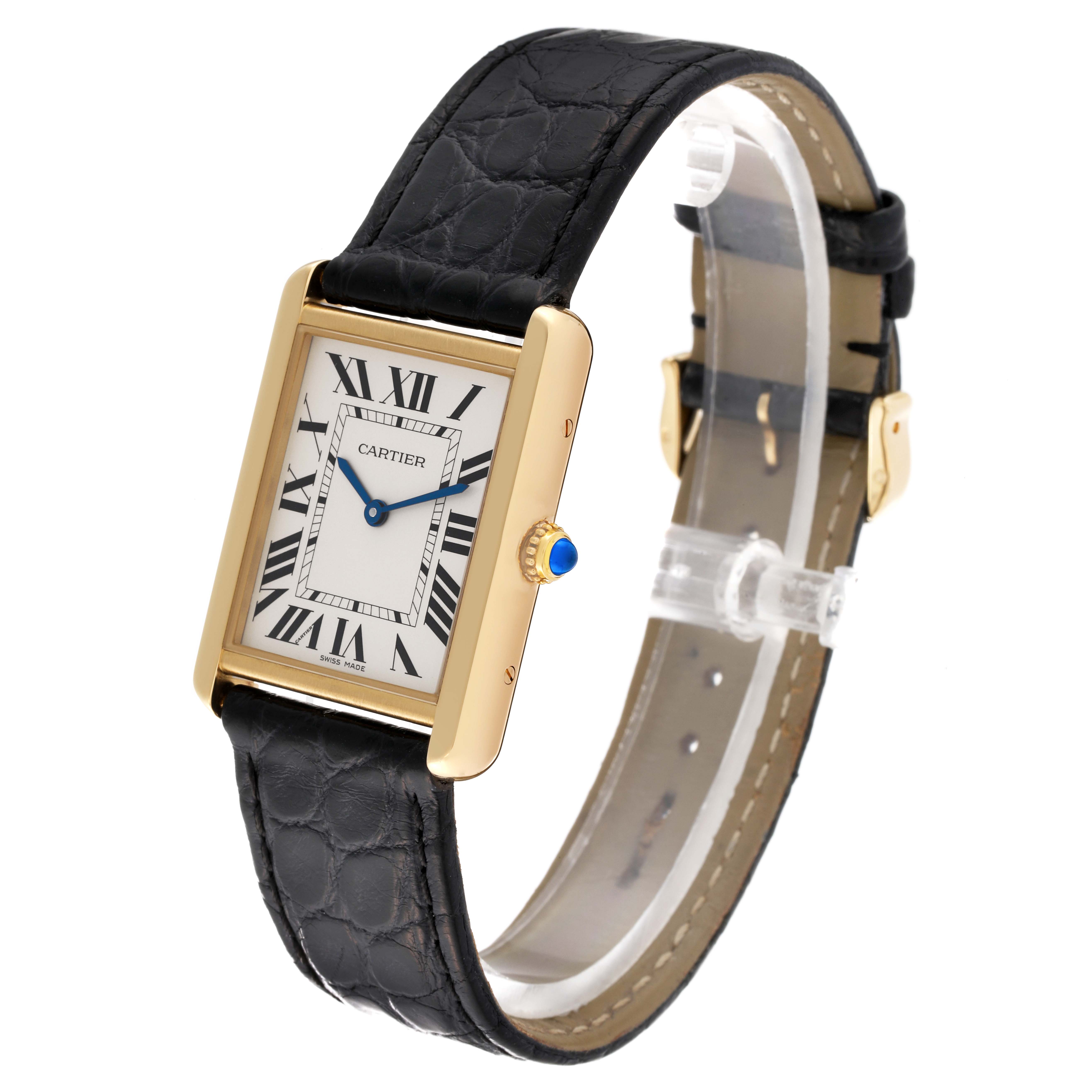 The Cartier Tank Solo W5200004 Men's Yellow Gold Silver Dial W5200004 Men's Yellow Gold Silver Dial watch is shown at a three-quarter angle, displaying the face, crown, and strap.