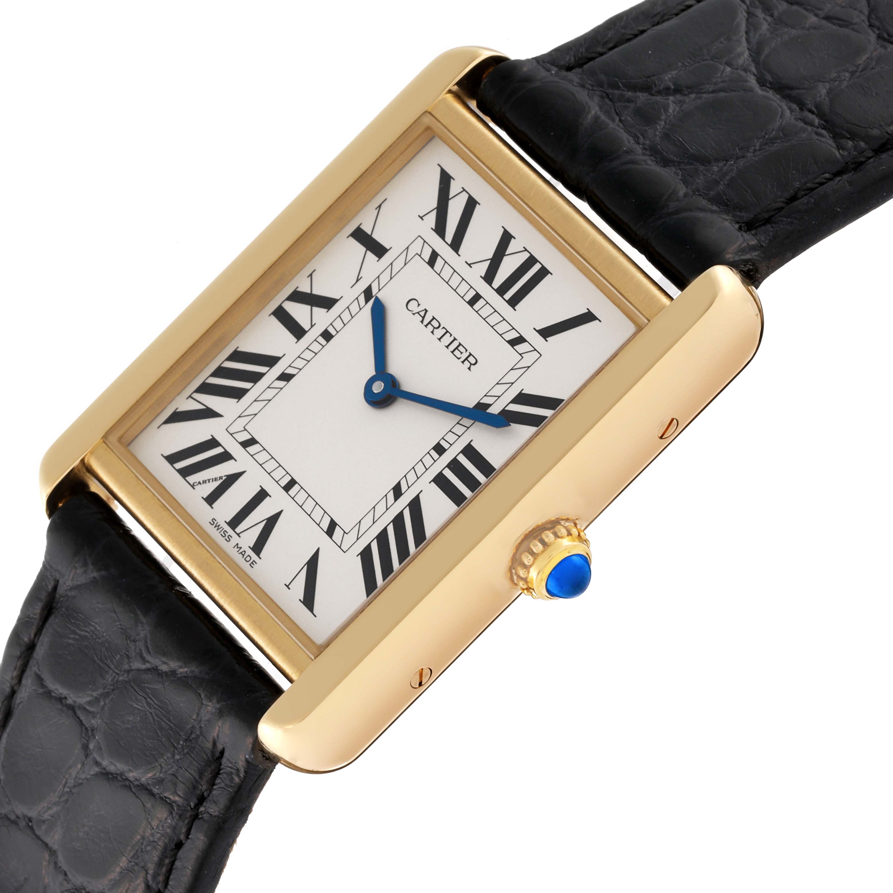 The Cartier Tank Solo W5200004 Men's Yellow Gold Silver Dial W5200004 Men's Yellow Gold Silver Dial watch is shown at an angled top-down view, displaying its face, gold case, black leather strap, and blue cabochon crown.