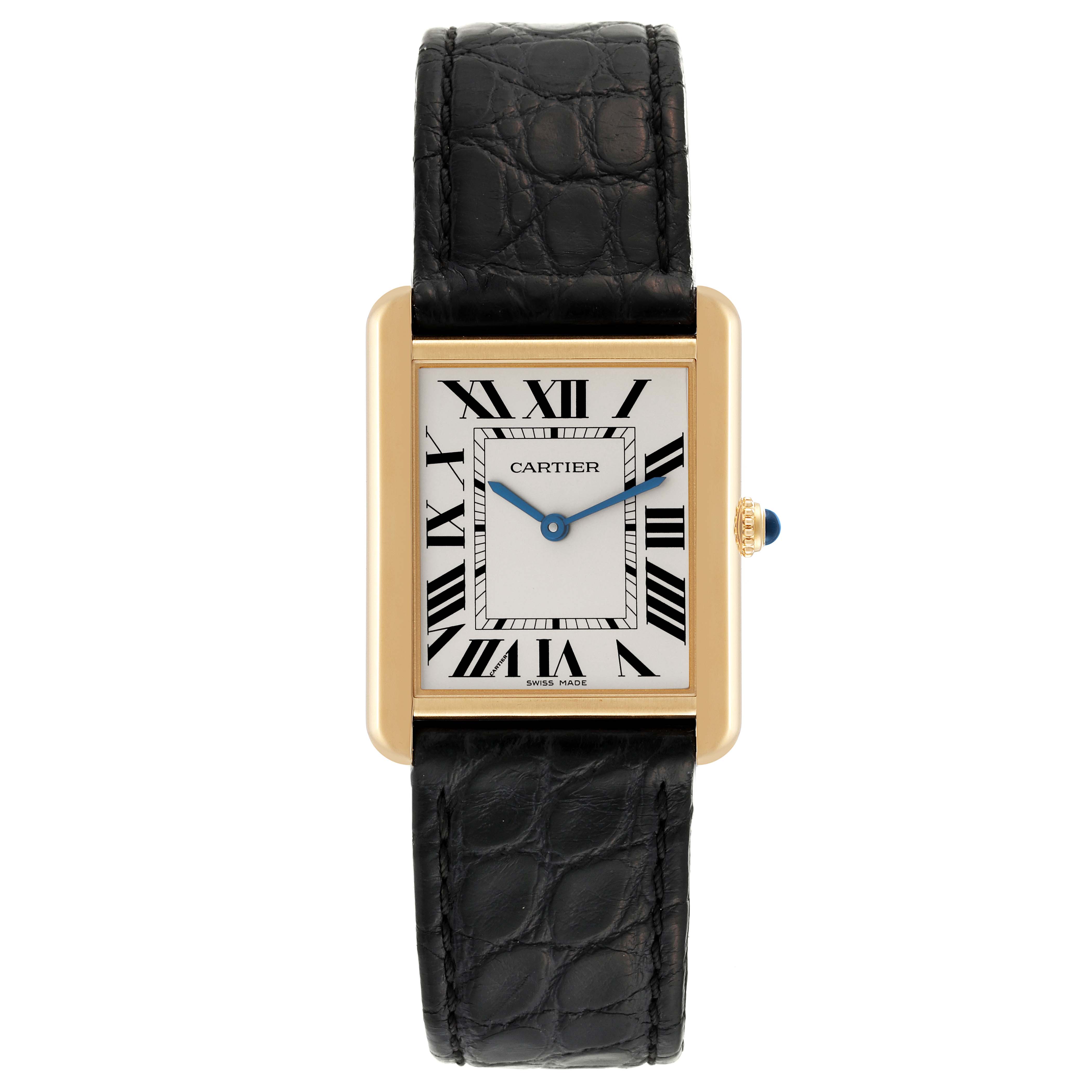 The Tank Solo model by Cartier is shown from the front, displaying its rectangular face, Roman numerals, and leather strap.