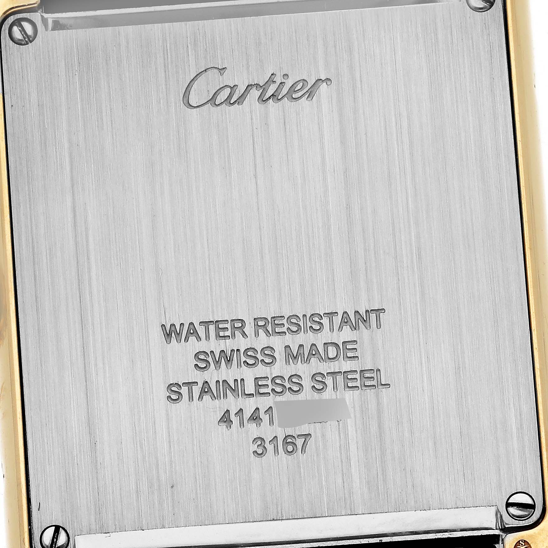 The image shows the back case of a Cartier Tank Solo W5200004 Men's Yellow Gold Silver Dial W5200004 Men's Yellow Gold Silver Dial watch, highlighting the brand name and material details.