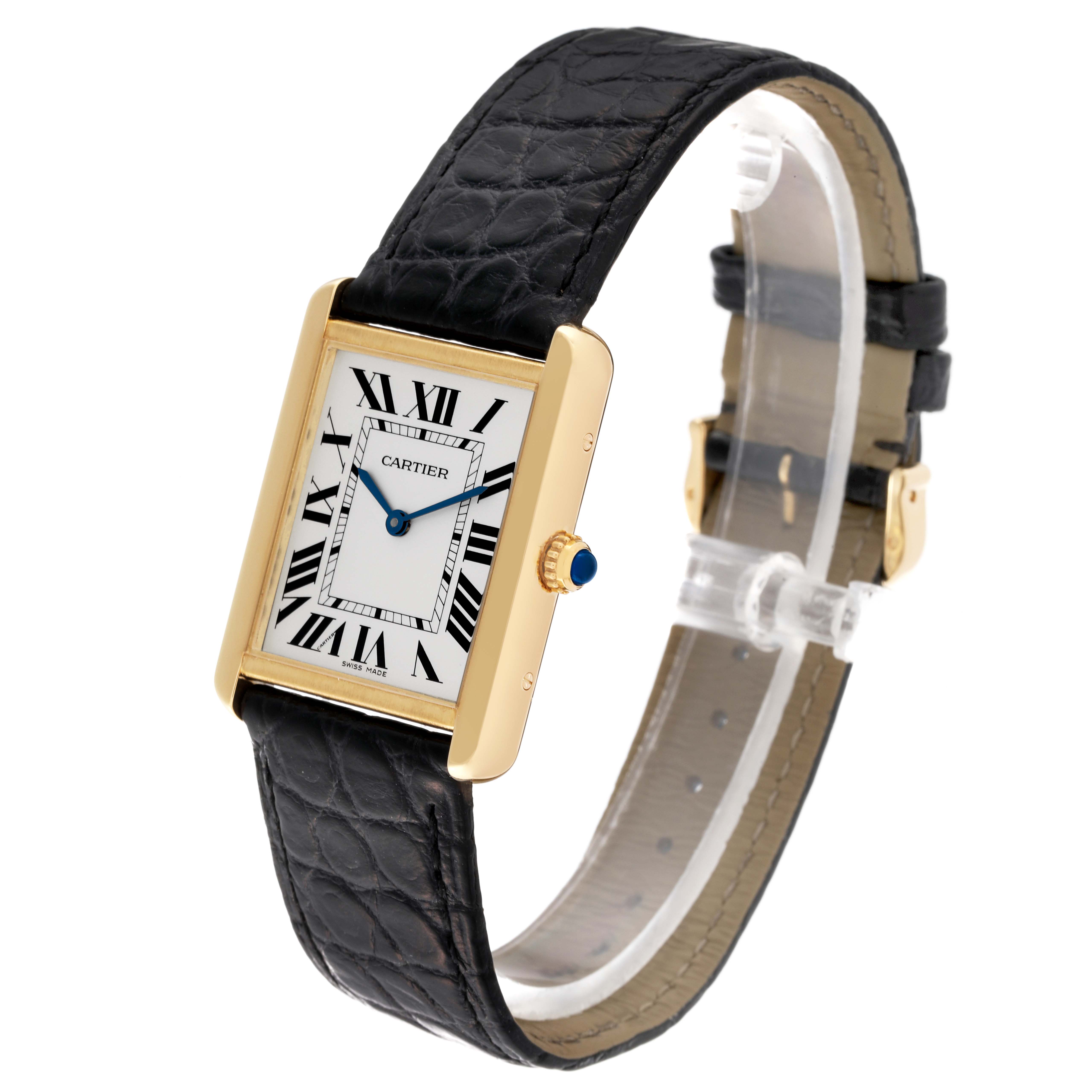 The image shows a Cartier Tank Solo W5200004 Men's Yellow Gold Silver Dial W5200004 Men's Yellow Gold Silver Dial watch from a slight side angle, displaying its rectangular face, Roman numerals, gold case, and leather strap.