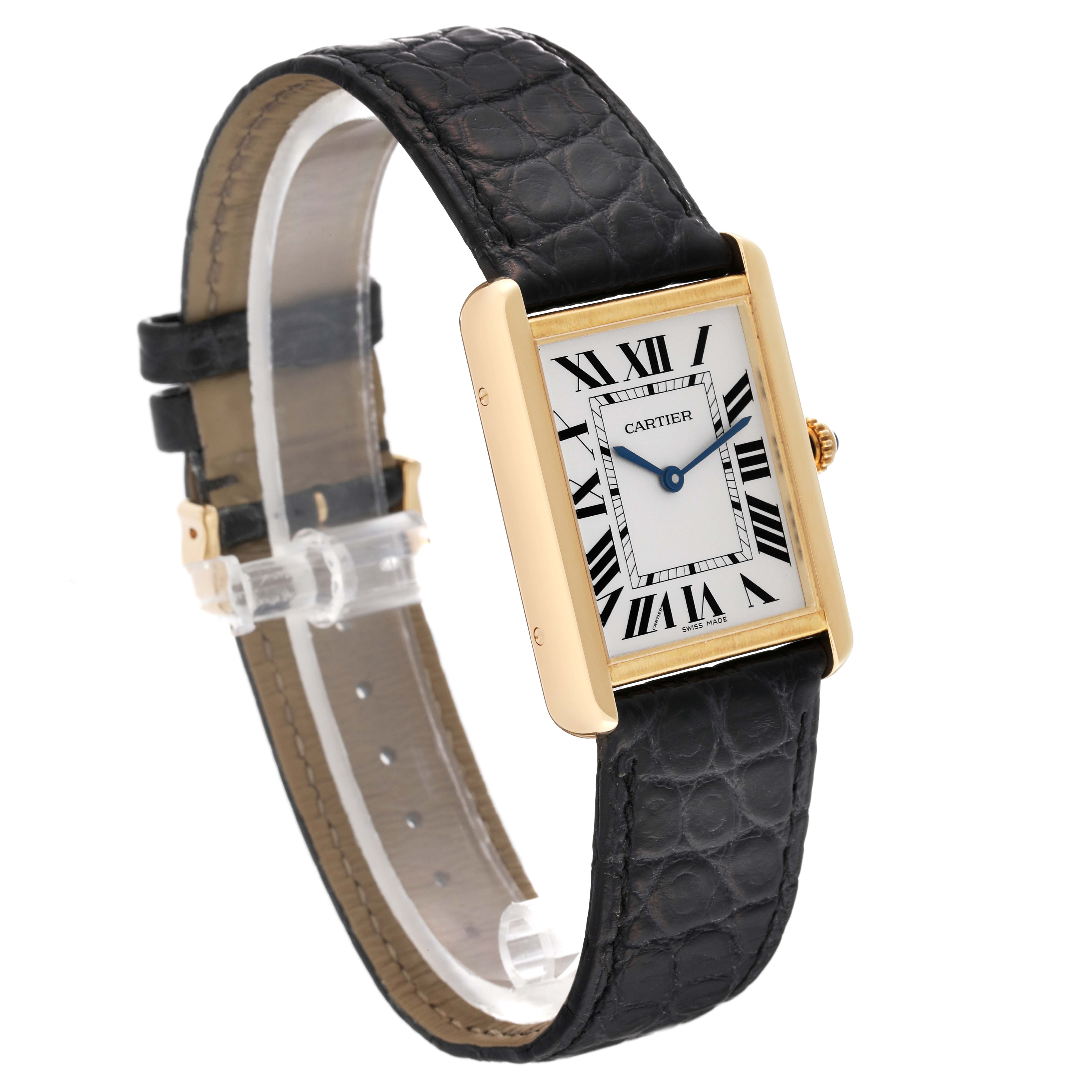The image shows a side angle view of a Cartier Tank Solo W5200004 Men's Yellow Gold Silver Dial W5200004 Men's Yellow Gold Silver Dial watch, highlighting its rectangular face, gold casing, and black leather strap.