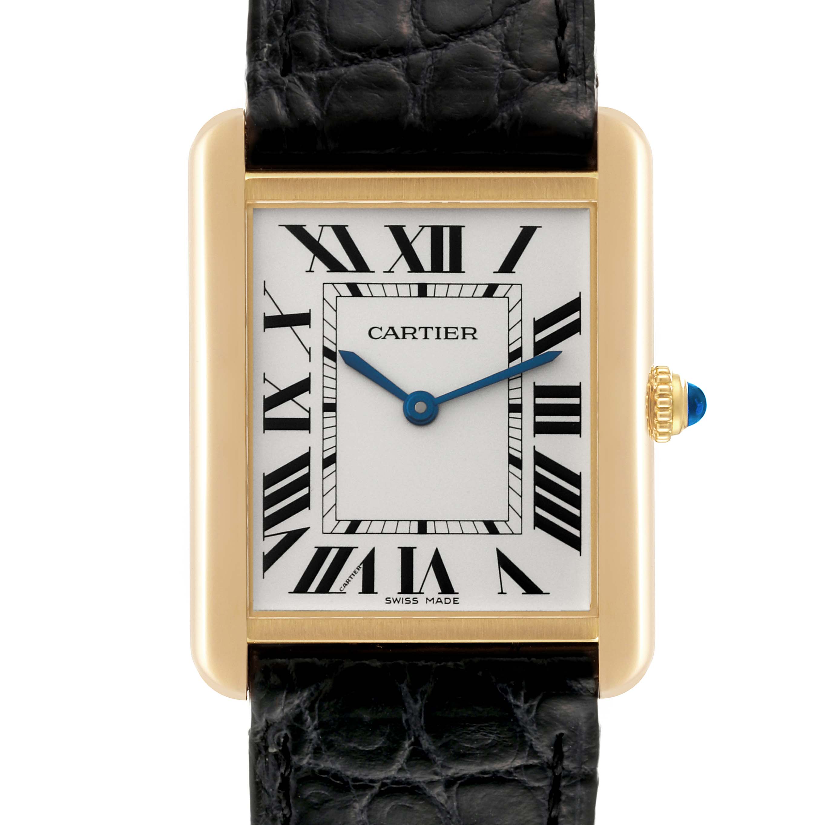 The image shows a front view of the Cartier Tank Solo W5200004 Men's Yellow Gold Silver Dial W5200004 Men's Yellow Gold Silver Dial watch, highlighting its dial, Roman numeral markers, case, and crown.