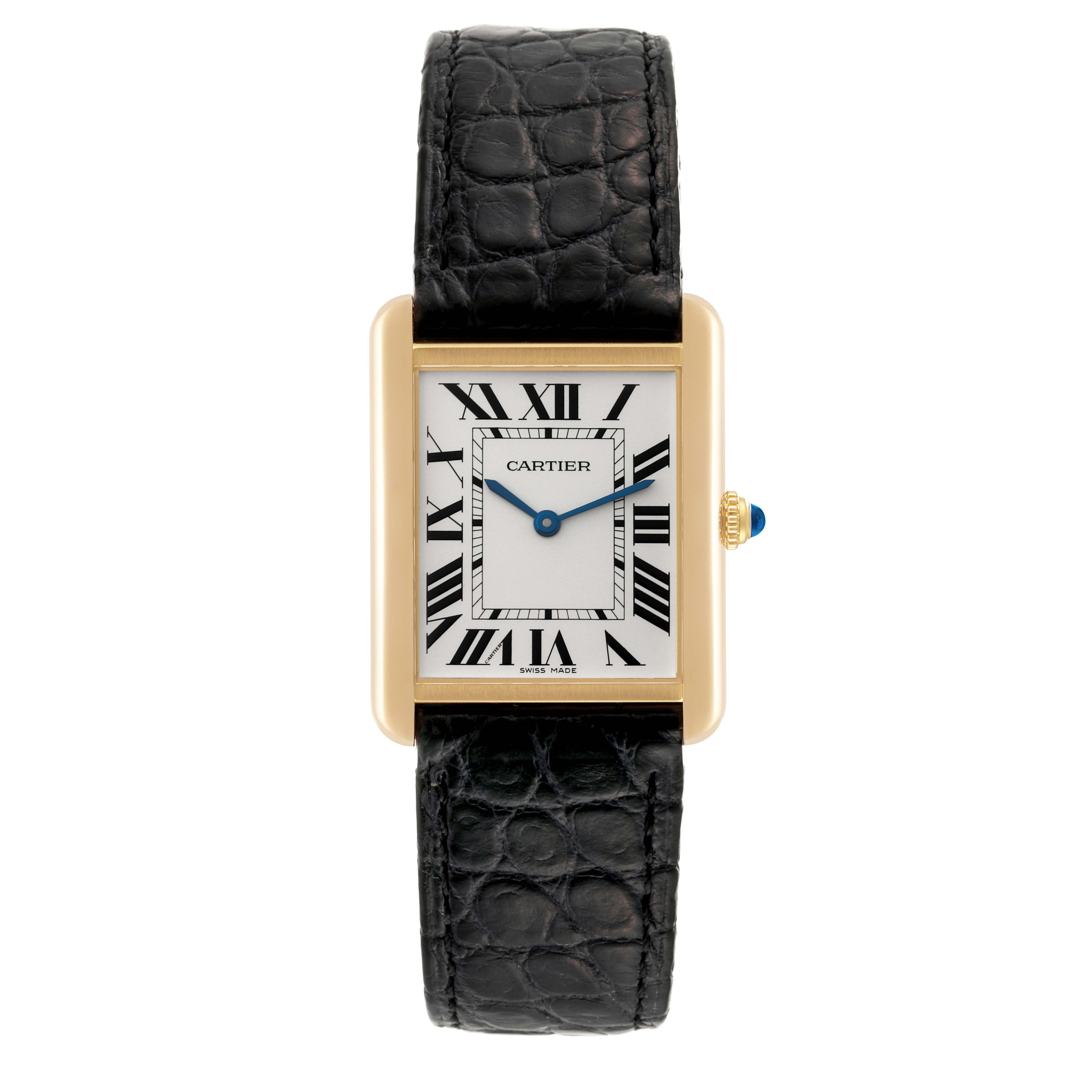 The image shows a frontal view of the Cartier Tank Solo W5200004 Men's Yellow Gold Silver Dial W5200004 Men's Yellow Gold Silver Dial watch, displaying its face, black leather strap, and gold case.