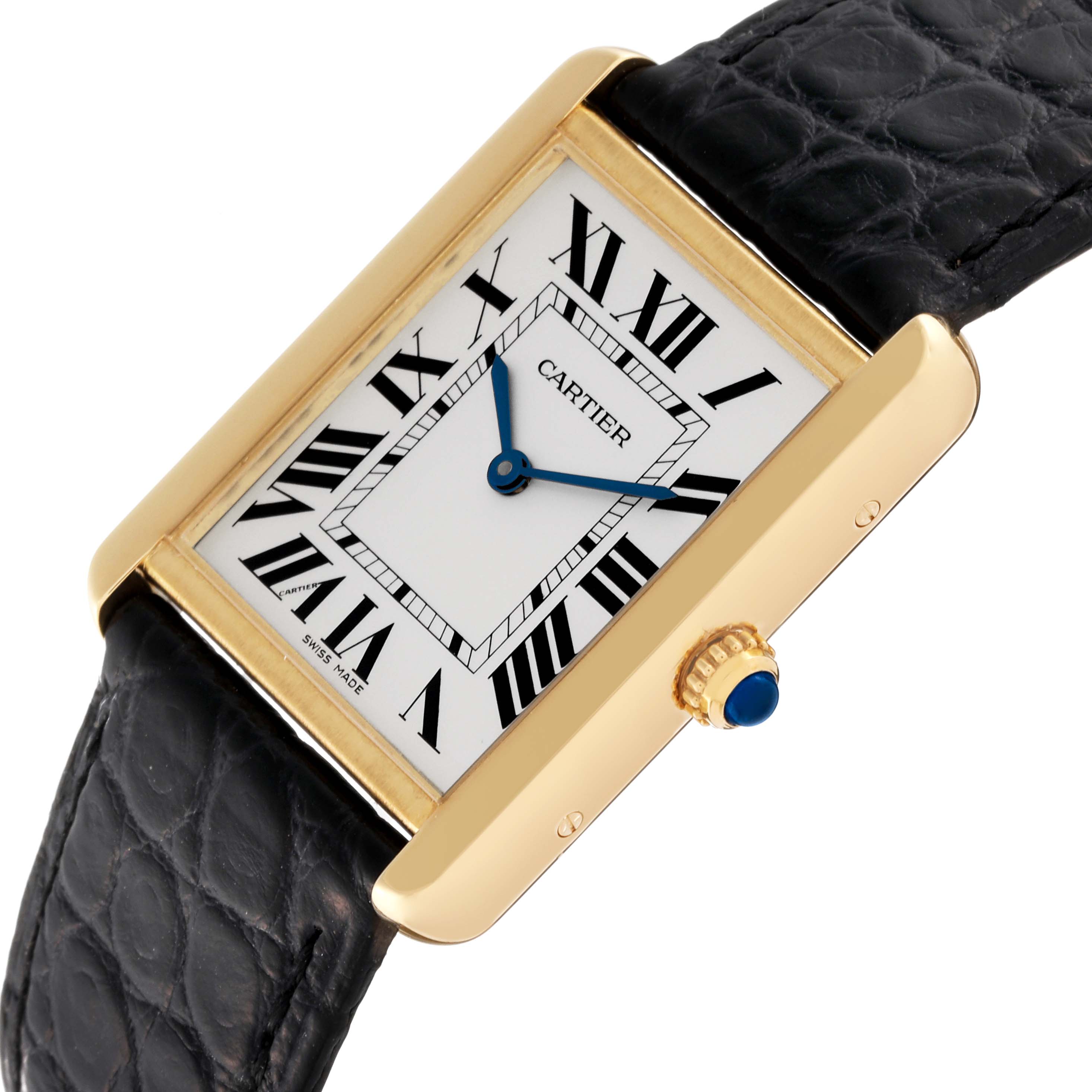 The image shows a close-up view of a Cartier Tank Solo W5200004 Men's Yellow Gold Silver Dial W5200004 Men's Yellow Gold Silver Dial watch, highlighting the face, case, and part of the leather strap.